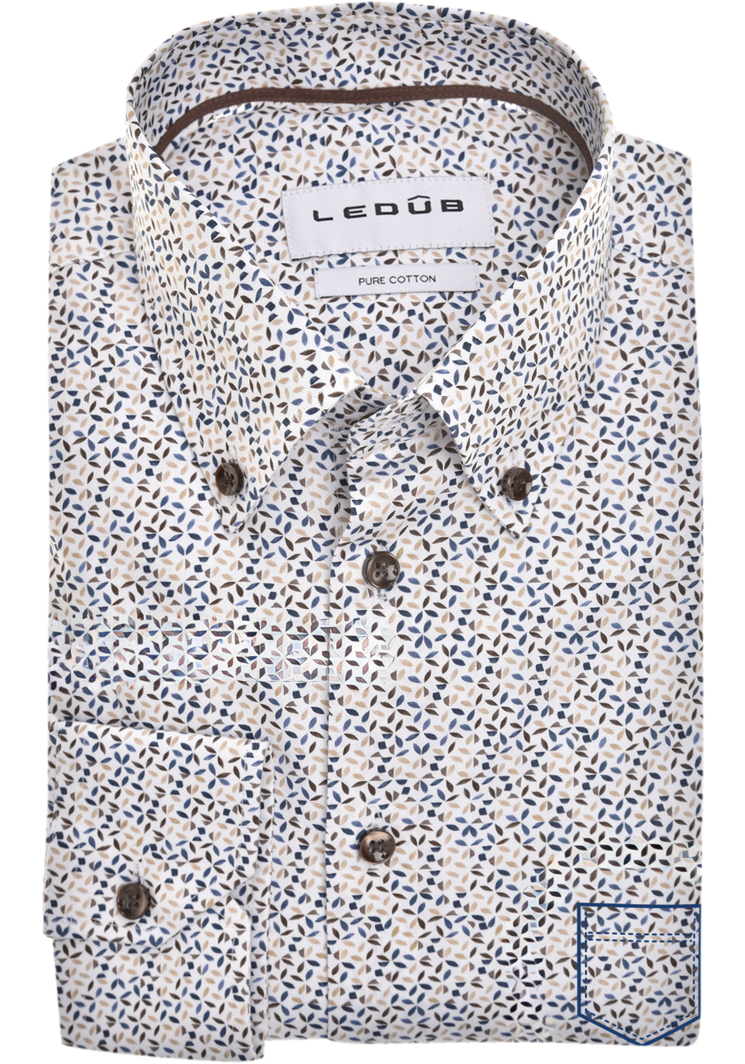 Ledub modern fit overhemd, mouwlengte 72 cm, popeline, wit met blauw, bruin en beige dessin