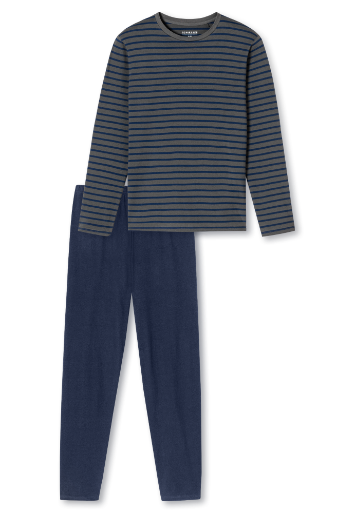 SCHIESSER Cotton Essentials Pyjama lang, heren pyjama set, antraciet gestreept