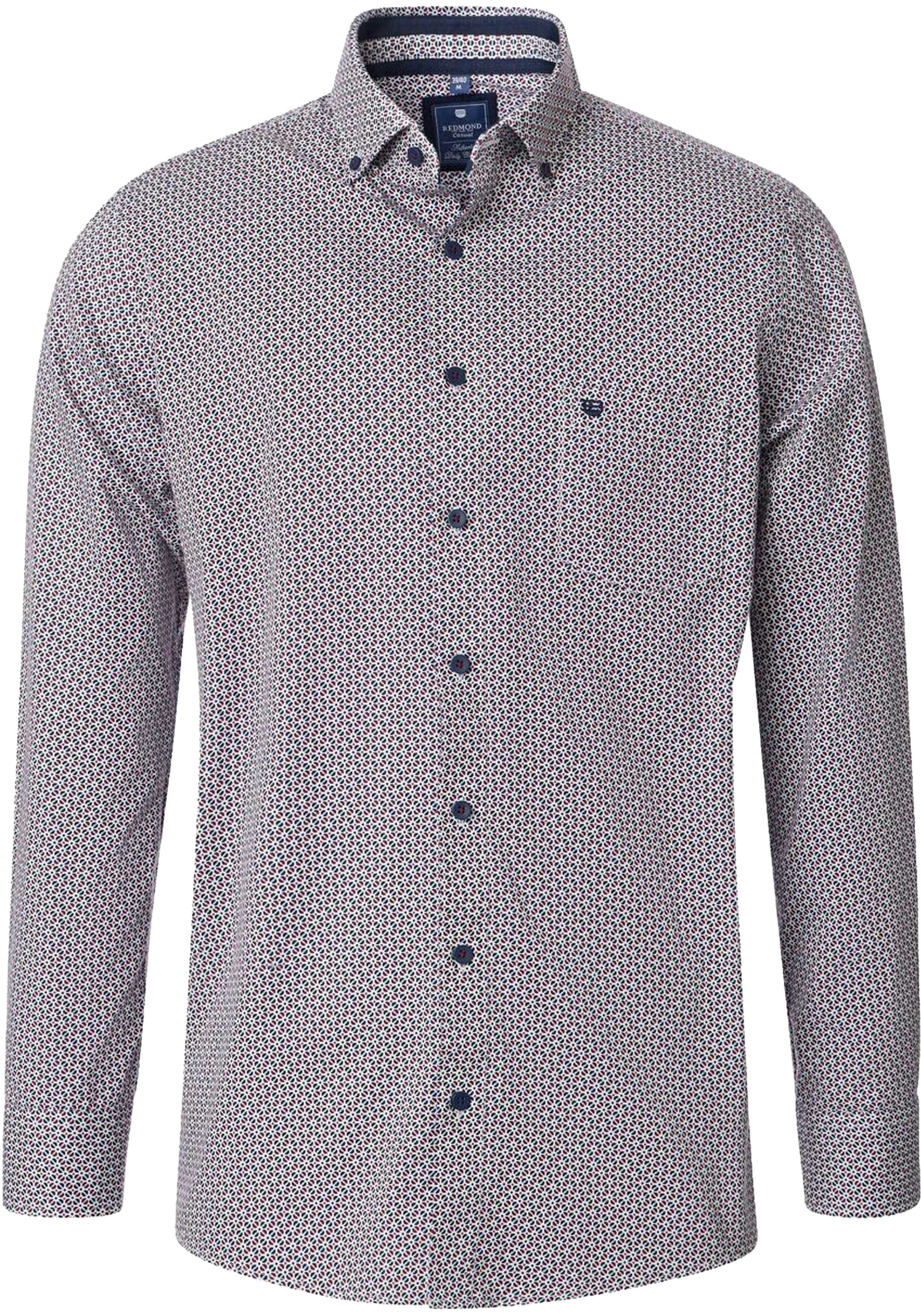 Redmond comfort fit overhemd, popeline, wit met blauw en rood dessin