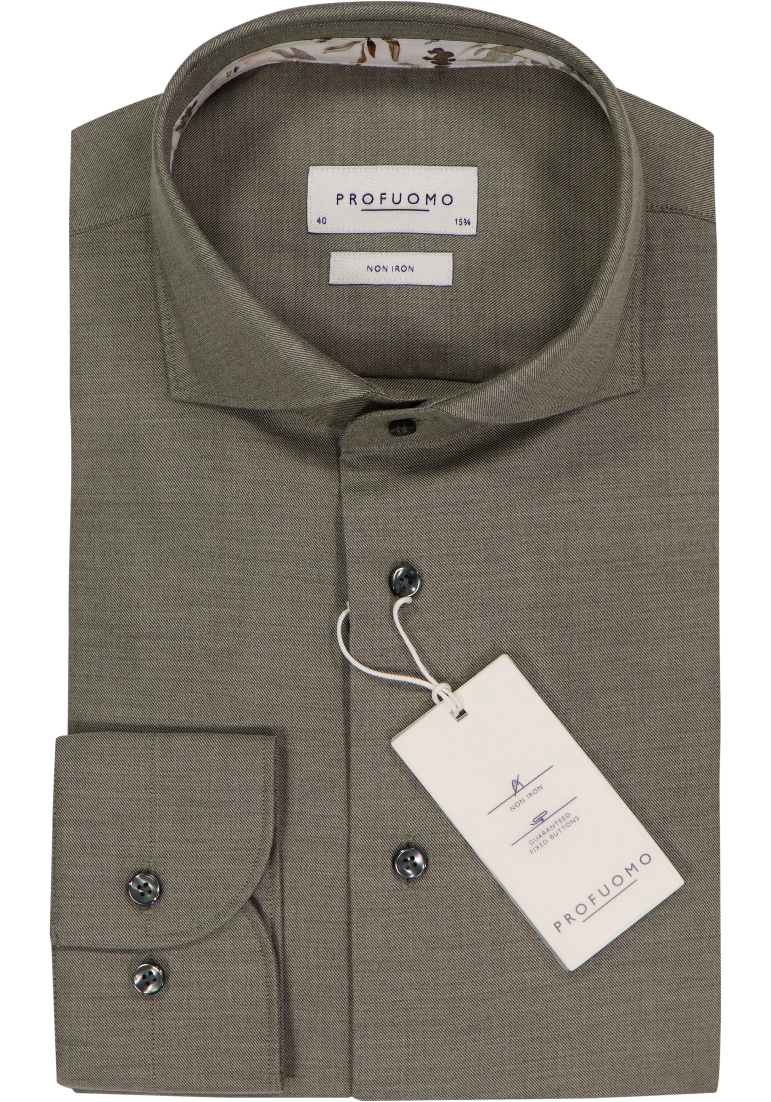 Profuomo slim fit heren overhemd, twill, olijfgroen melange