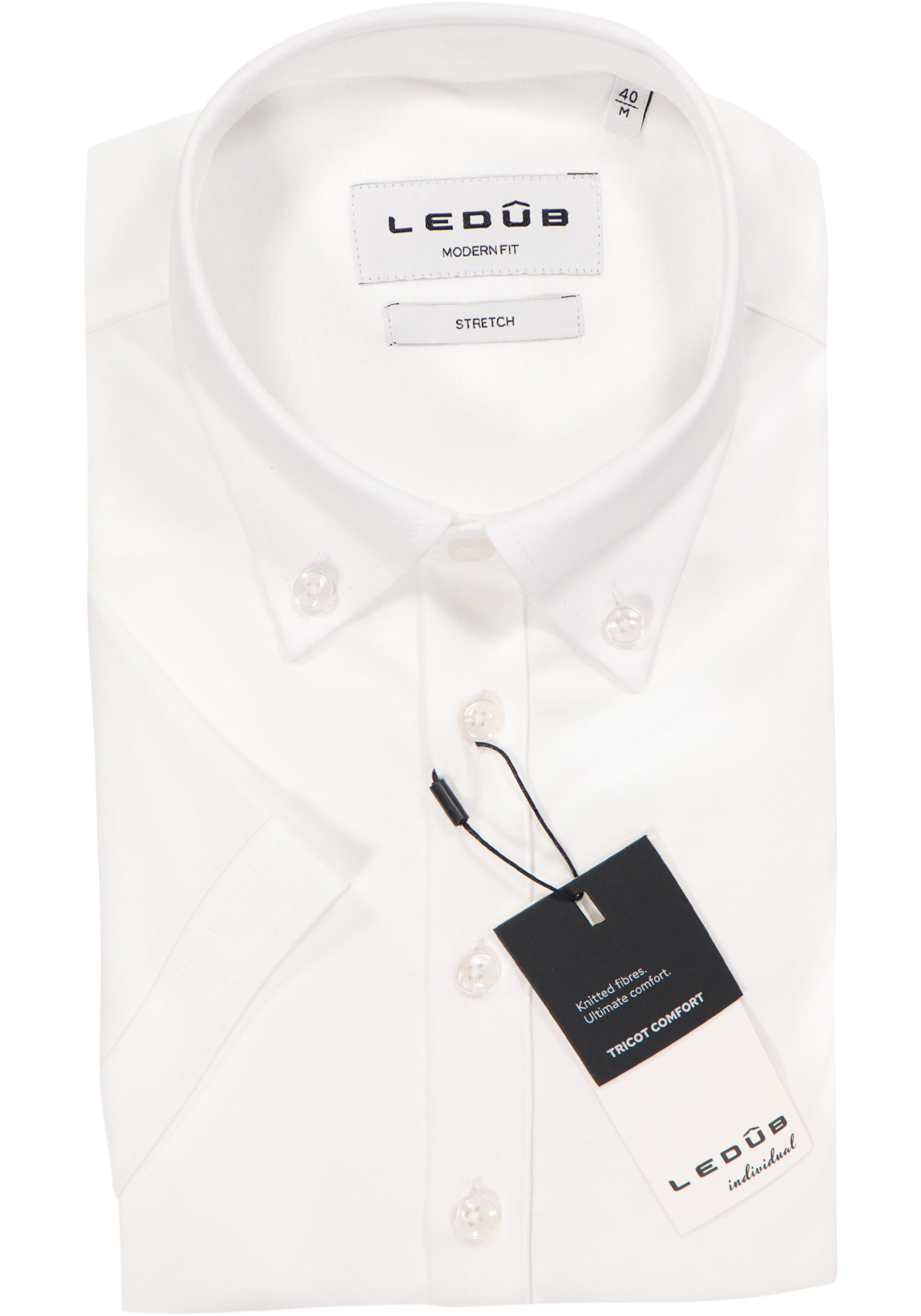 Ledub modern fit overhemd, korte mouw, jersey, wit