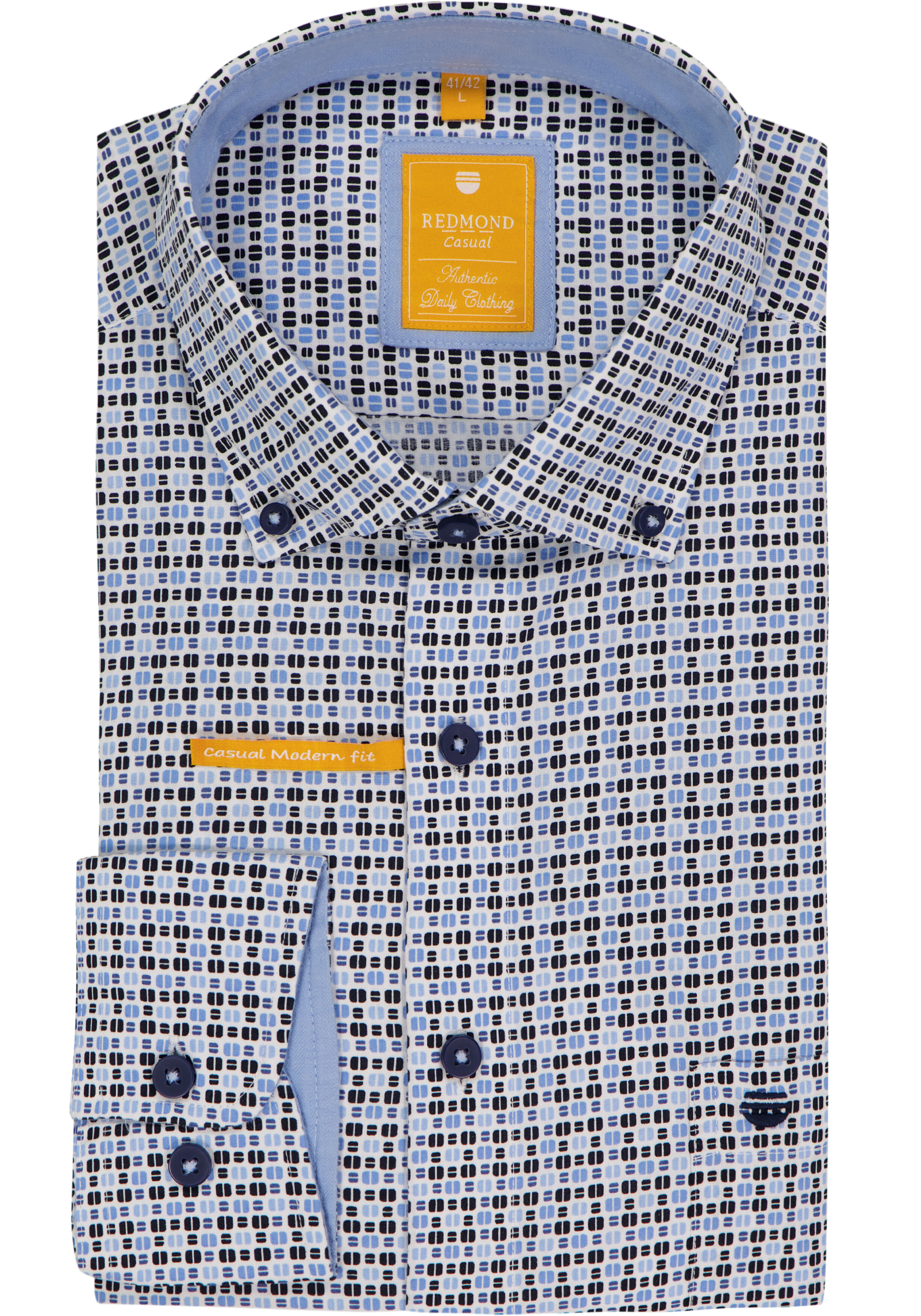 Redmond modern fit overhemd, popeline, wit met licht- en donkerblauw dessin