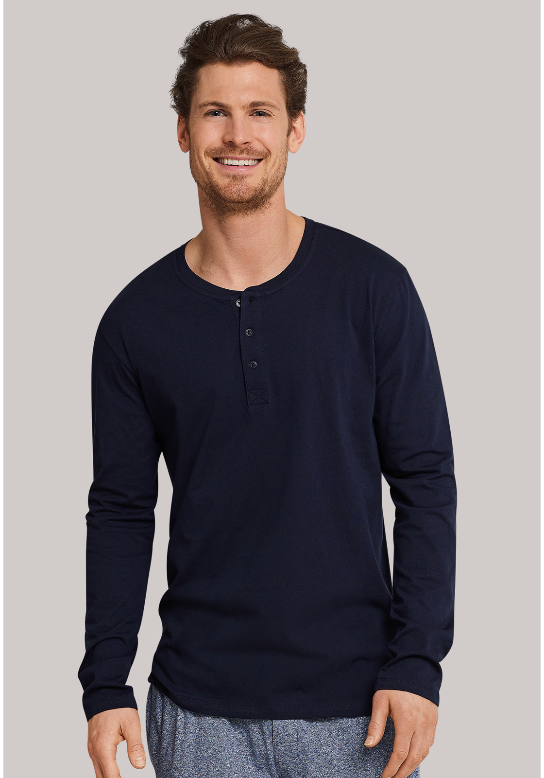 shirt-heren-163837-803 SCHIESSER Mix+Relax T-shirt, lange mouw, O-hals met knoopsluiting, blauw