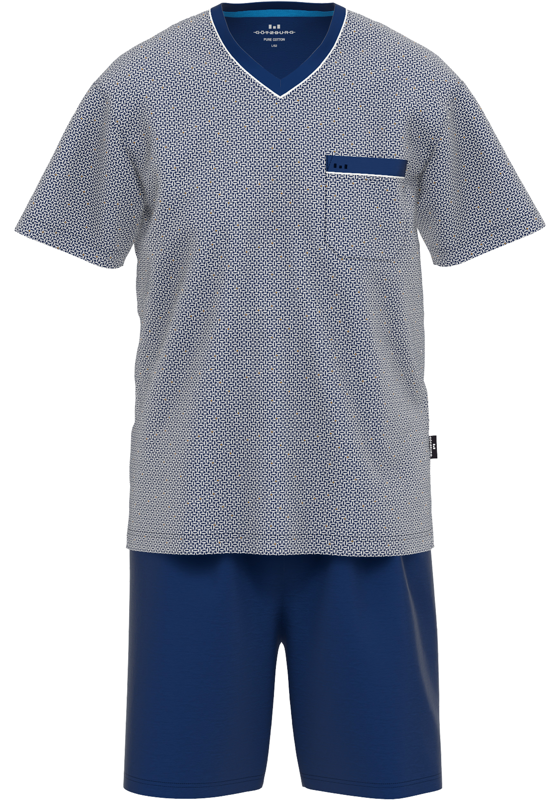 Gotzburg heren shortama V-hals, middenblauw mini dessin Gotzburg heren shortama V-hals, middenblauw mini dessin