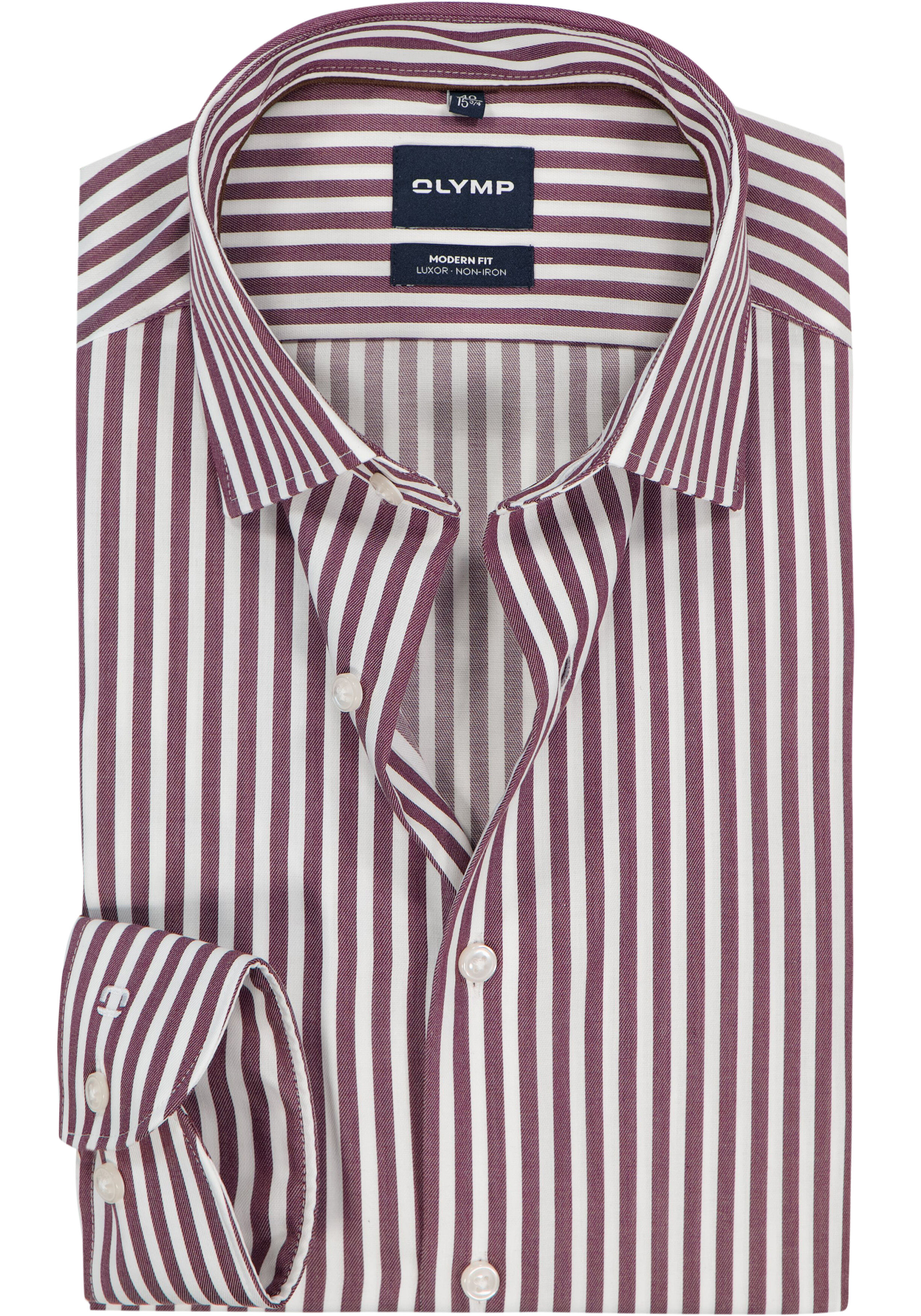 OLYMP Luxor modern fit overhemd, popeline, bordeaux rood met wit gestreept