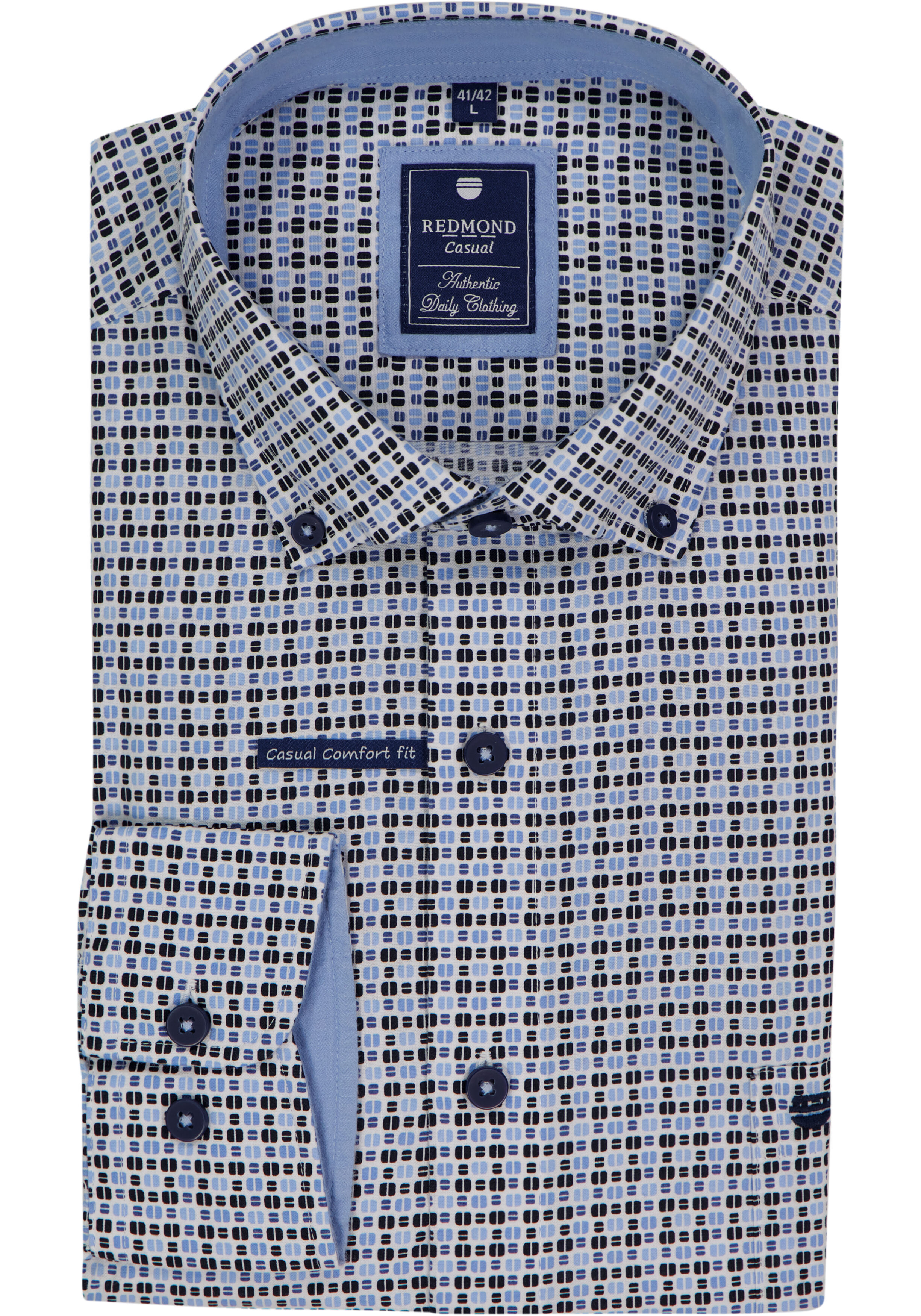 Redmond comfort fit overhemd, popeline, wit met licht- en donkerblauw dessin