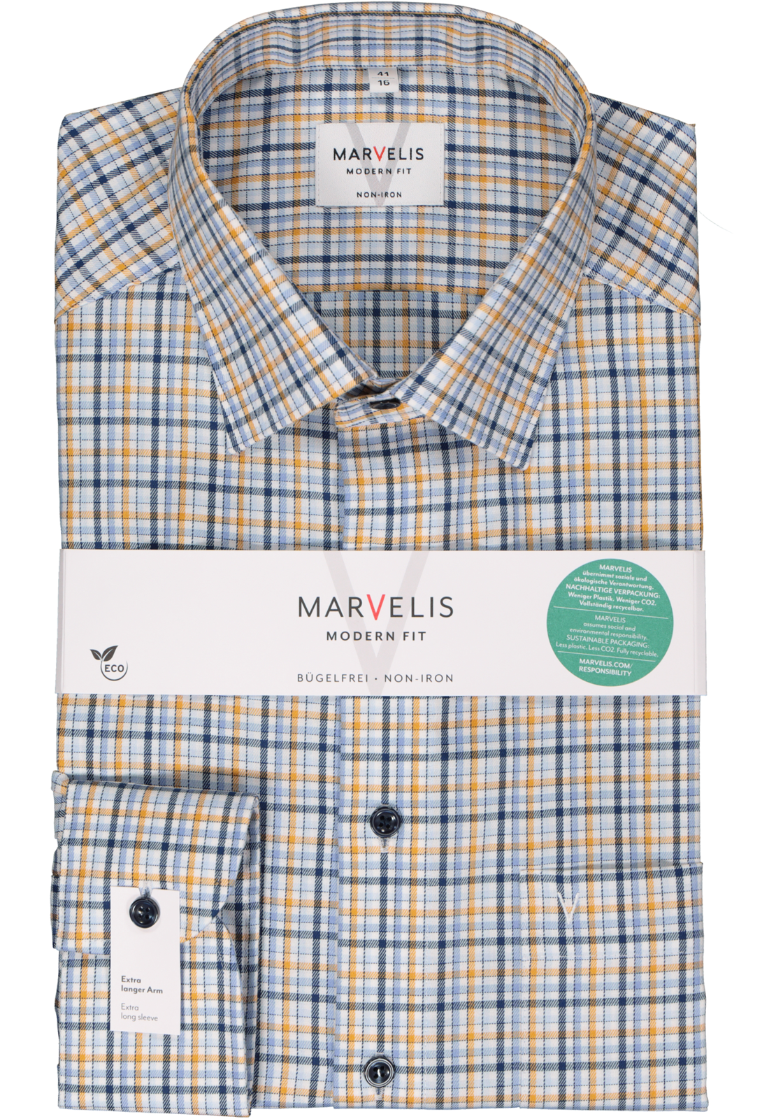 2-4062534752790_marvelis-overhemd_HR MARVELIS modern fit overhemd, mouwlengte 7, twill, blauw, geel en wit geruit