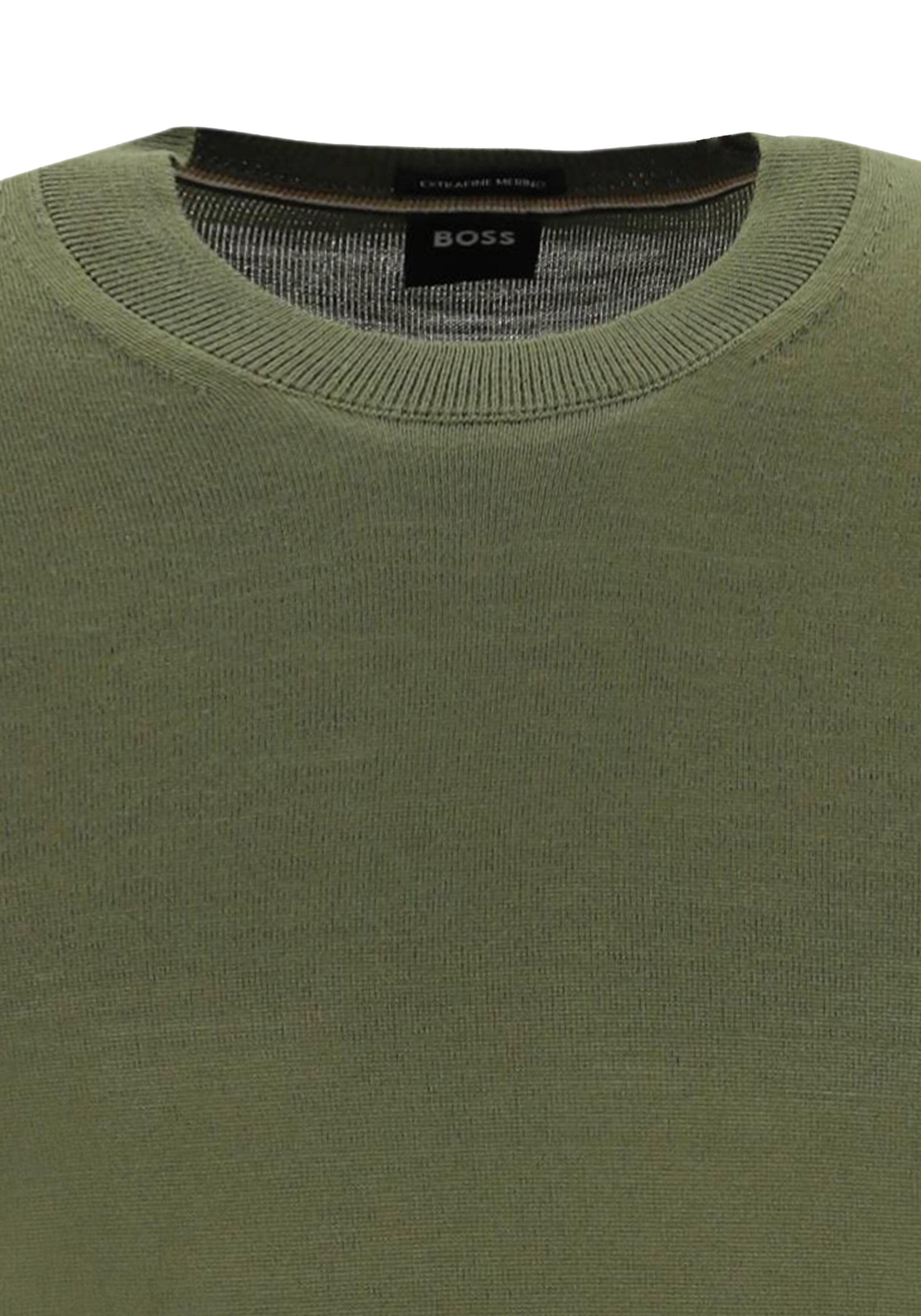 BOSS Leno slim fit trui wol, heren pullover middeldik O-hals, groen
