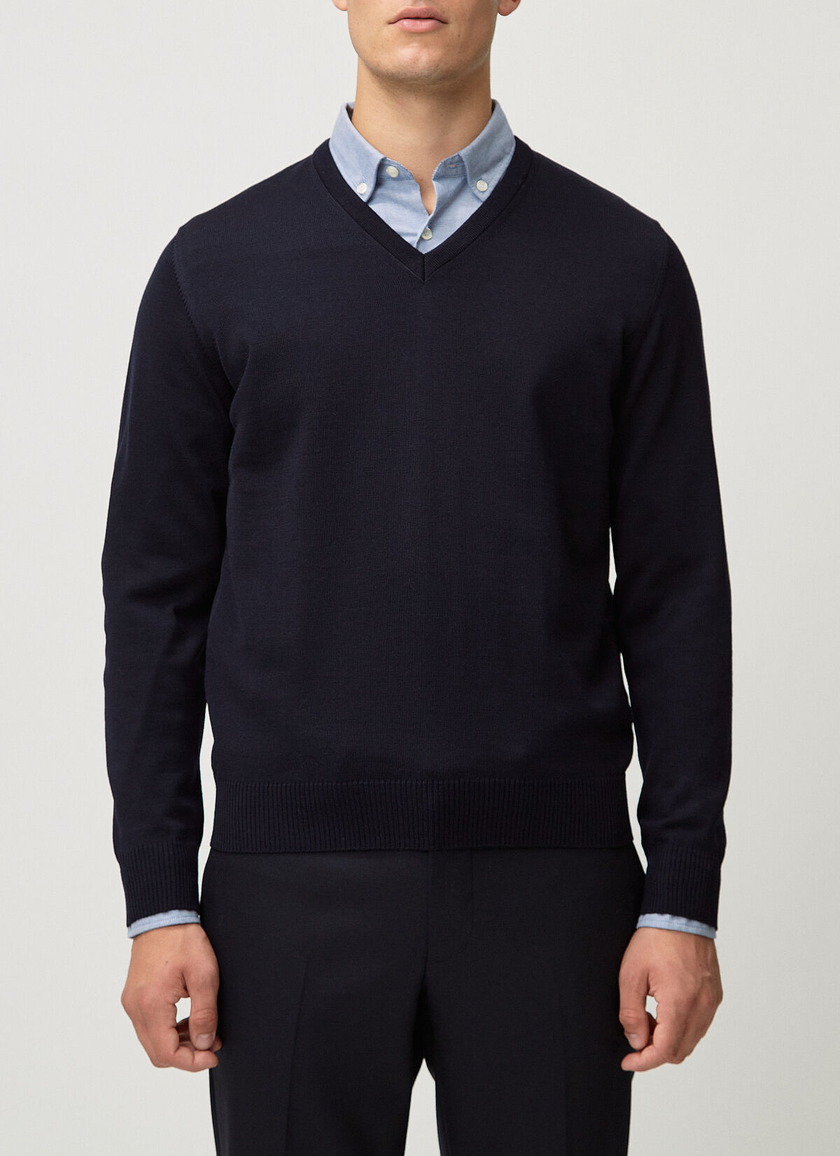 MAERZ Classic Fit heren trui met V-hals wol, navy blauw