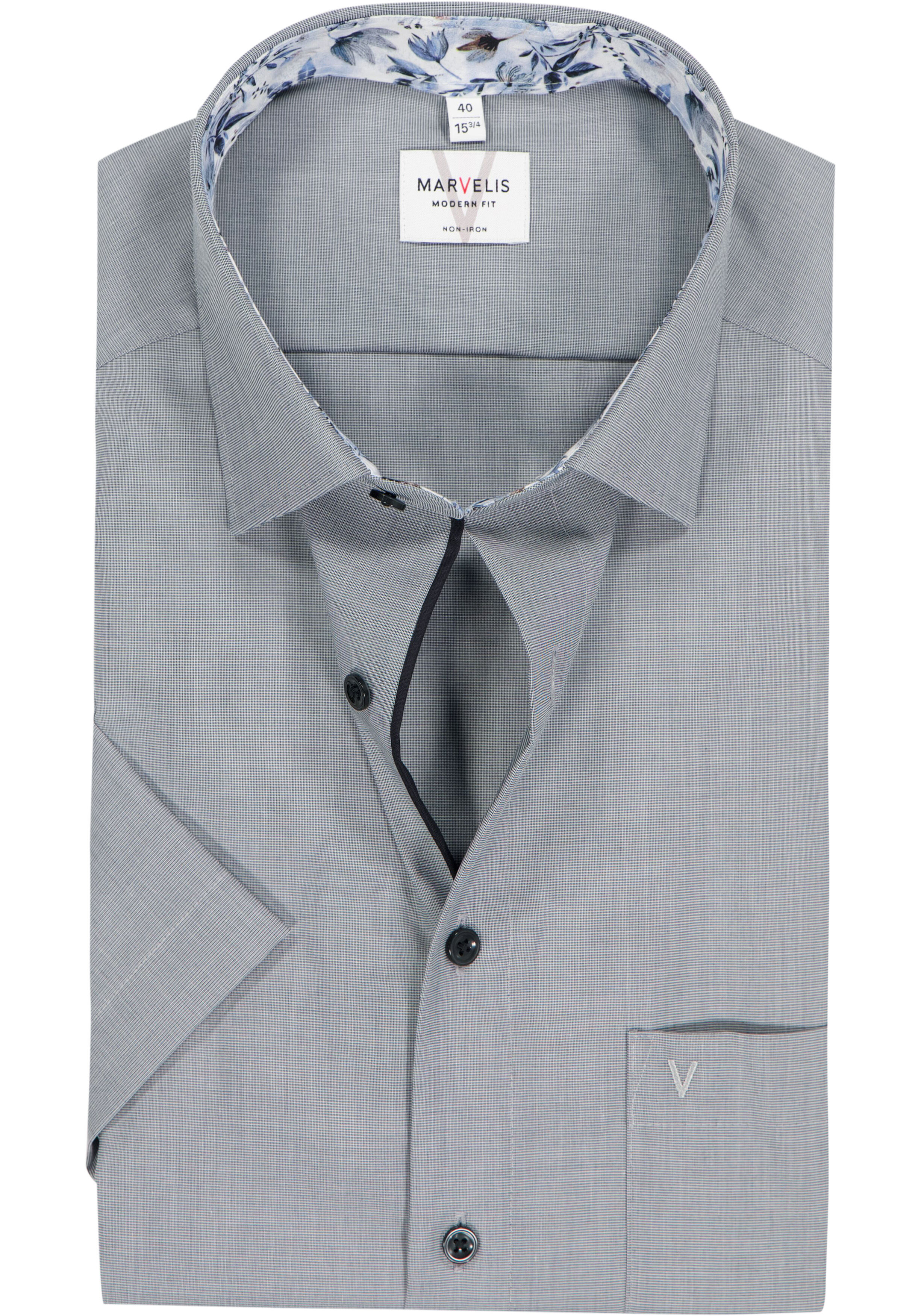MARVELIS modern fit overhemd, korte mouw, fil a fil, donkergrijs