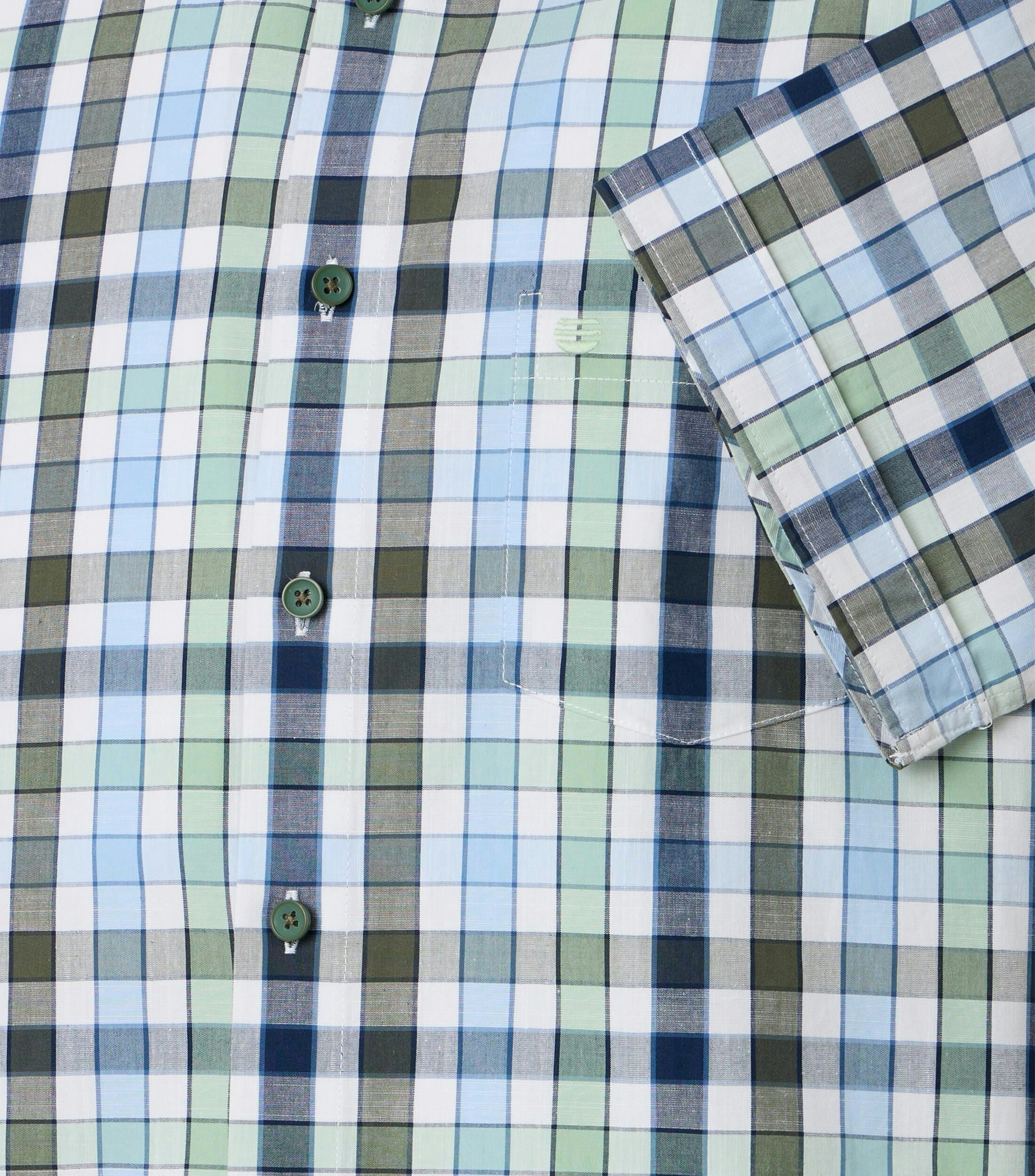 Redmond comfort fit overhemd, korte mouw, chambray, wit, lichtblauw, groen, donkerblauw geruit