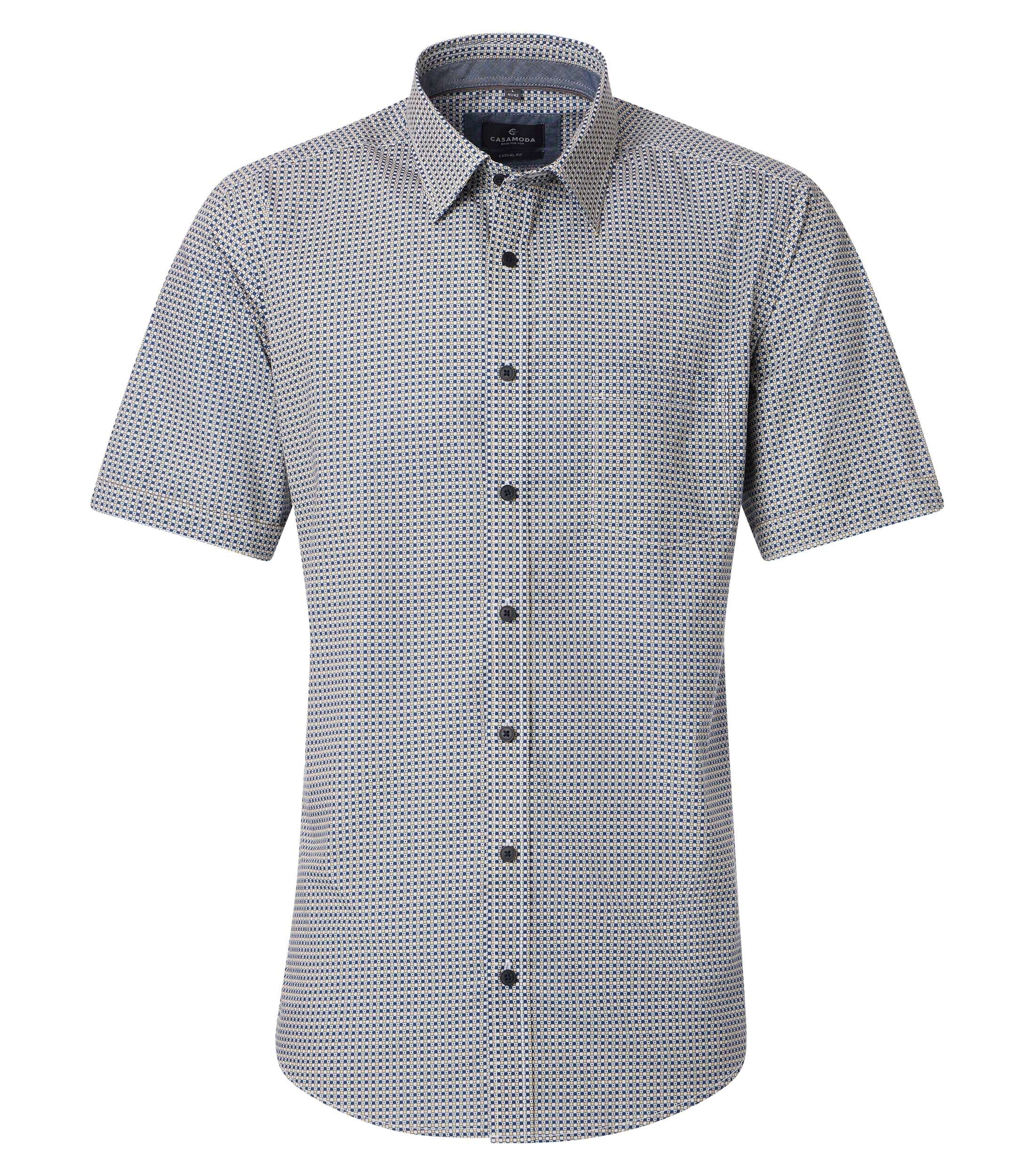 CASA MODA Sport casual fit overhemd, korte mouw, twill, blauw met geel en wit dessin