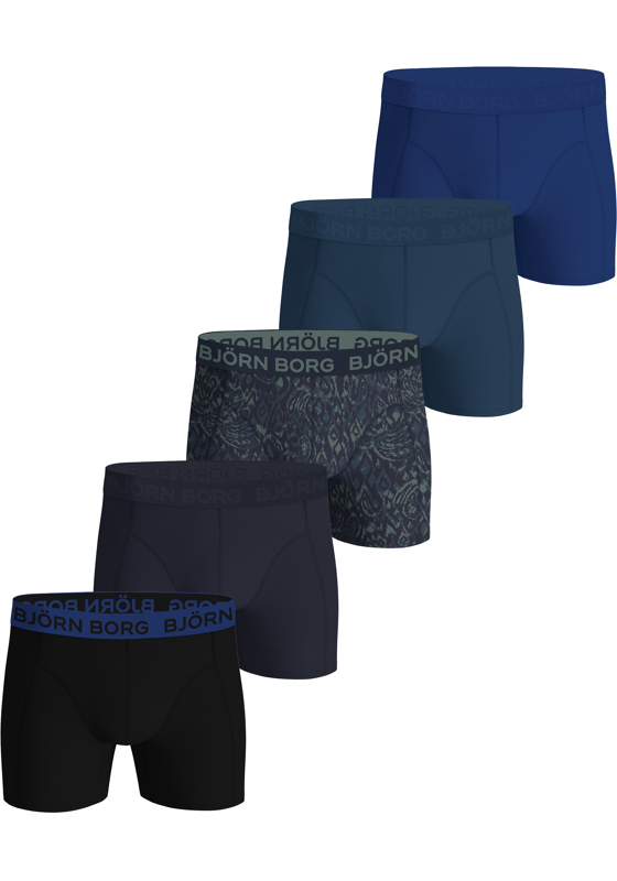 Bjorn Borg Cotton Stretch boxers, heren boxers normale lengte (5-pack), zwart, 3 tinten blauw en blauw met groene print Bjorn Borg Cotton Stretch boxers, heren boxers normale lengte (5-pack), zwart, 3 tinten blauw en blauw met groene print
