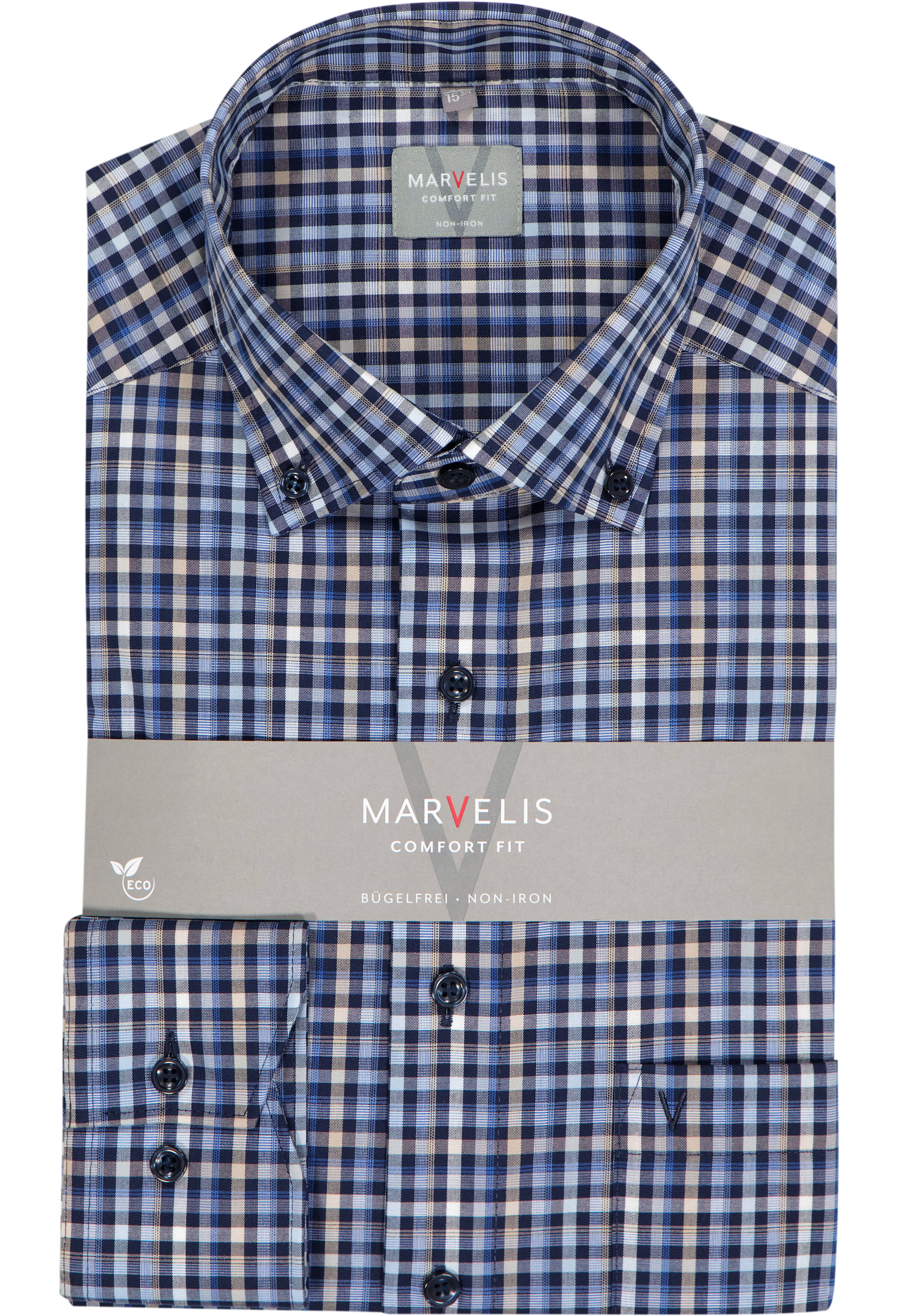 MARVELIS comfort fit overhemd, popeline, blauw met wit en beige geruit