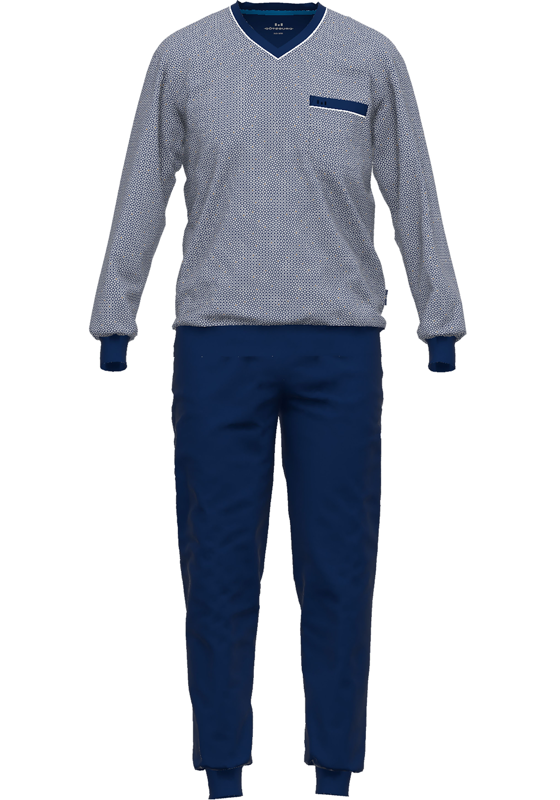 Gotzburg heren pyjama V-hals, middenblauw mini dessin Gotzburg heren pyjama V-hals, middenblauw mini dessin