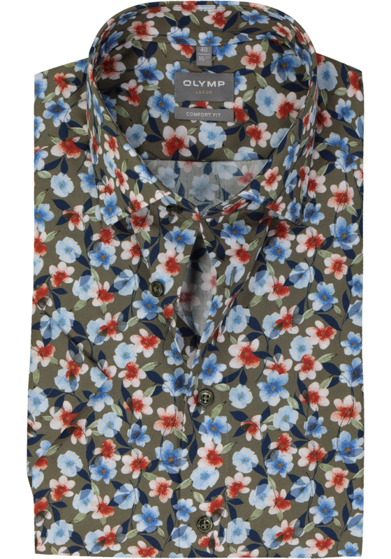 OLYMP comfort fit overhemd, korte mouw, popeline, groen met blauw, rood en wit bloemen dessin OLYMP comfort fit overhemd, korte mouw, popeline, groen met blauw, rood en wit bloemen dessin