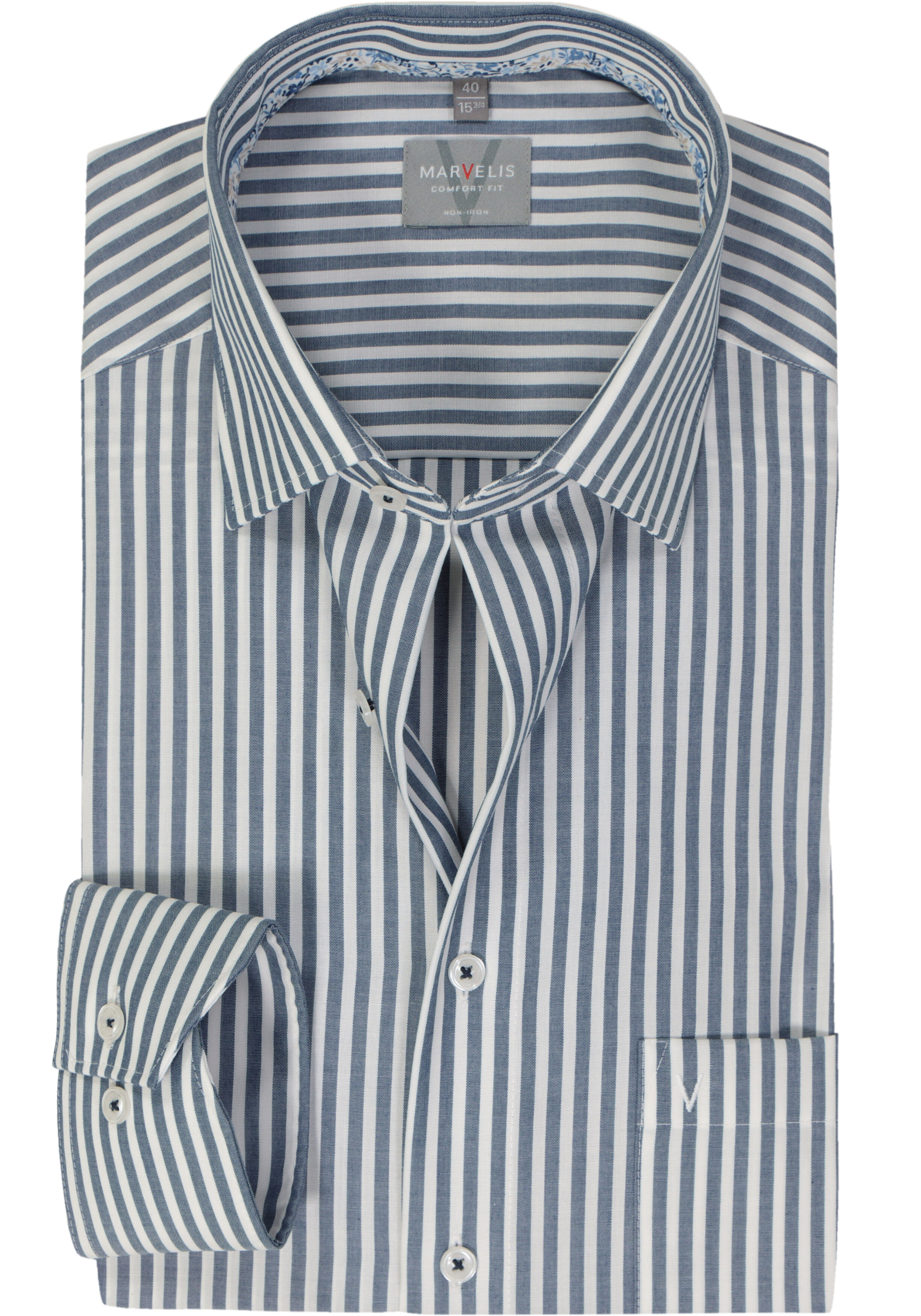 MARVELIS comfort fit overhemd, popeline, donkerblauw gestreept