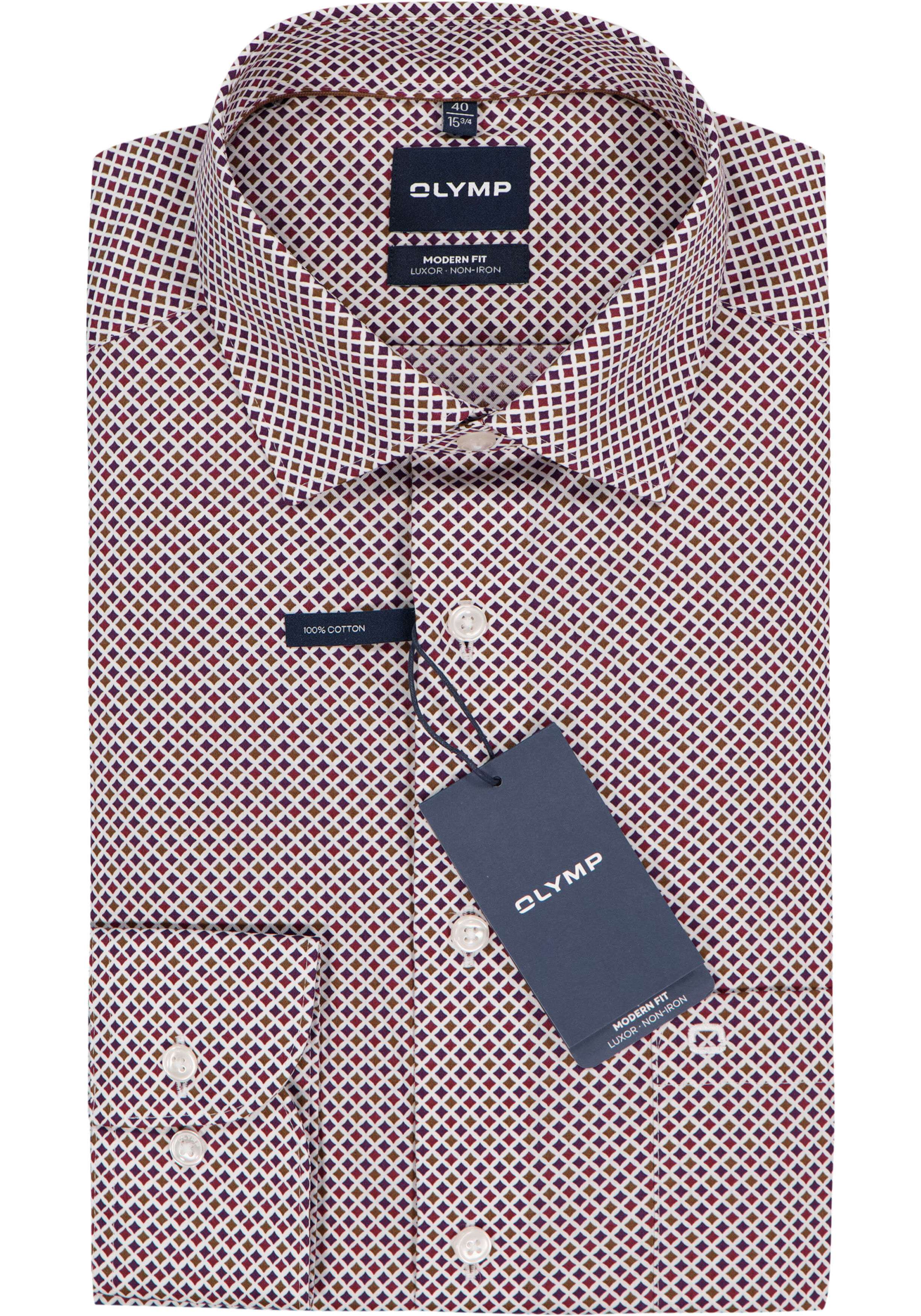 OLYMP Luxor modern fit overhemd, popeline, wit met blauw en bordeaux rood dessin