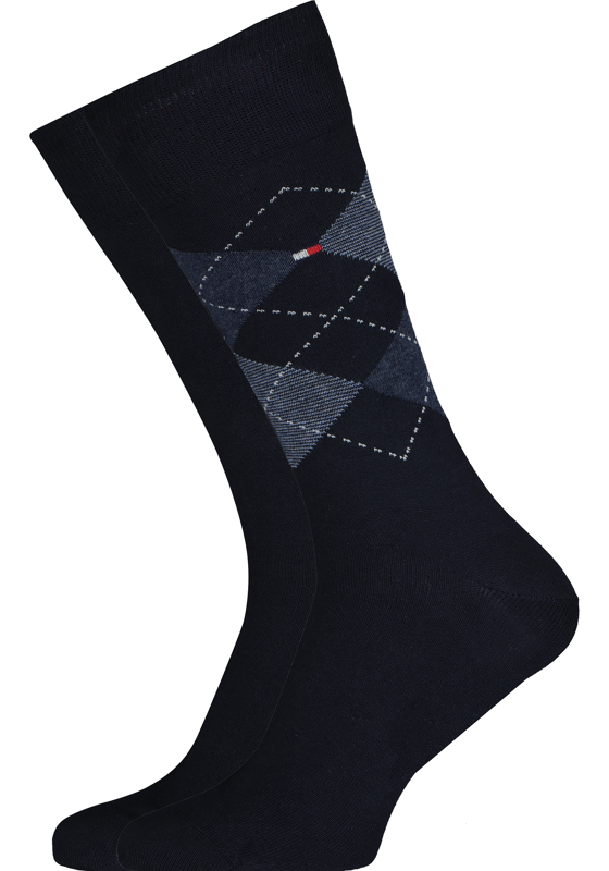 Tommy Hilfiger Check Socks (2-pack), herensokken katoen, geruit en uni, donkerblauw Tommy Hilfiger Check Socks (2-pack), herensokken katoen, geruit en uni, donkerblauw