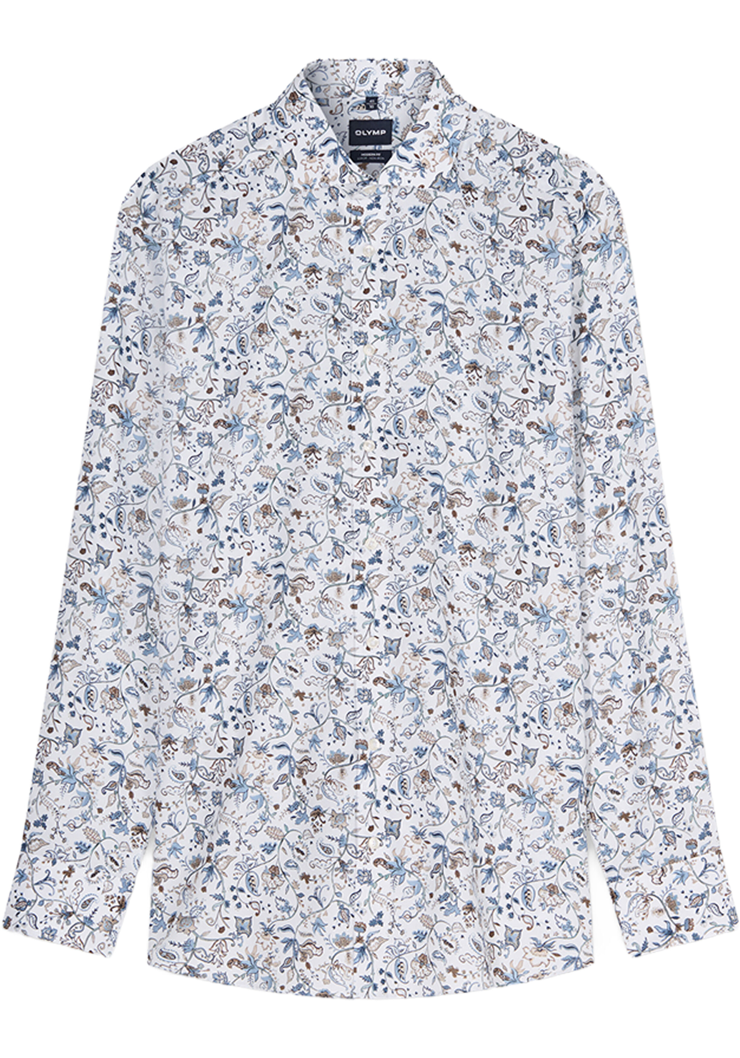 OLYMP Luxor modern fit overhemd, dobby, wit met olijfgroen en blauw dessin
