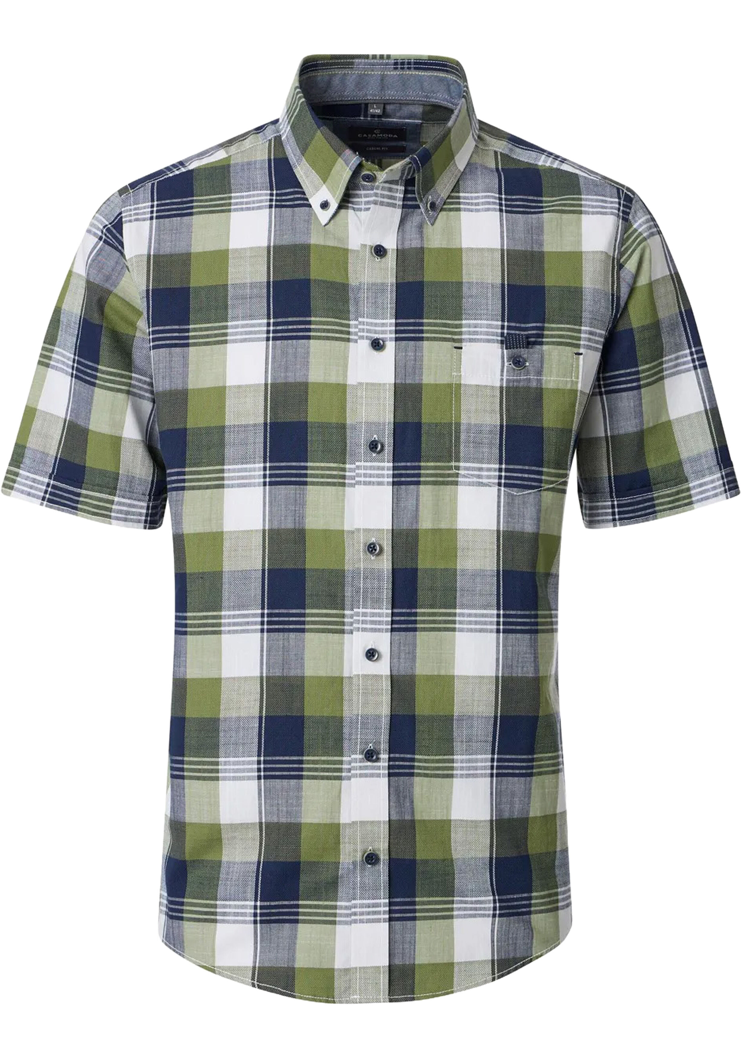 CASA MODA Sport casual fit overhemd, korte mouw, chambray, groen, donkerblauw, wit geruit