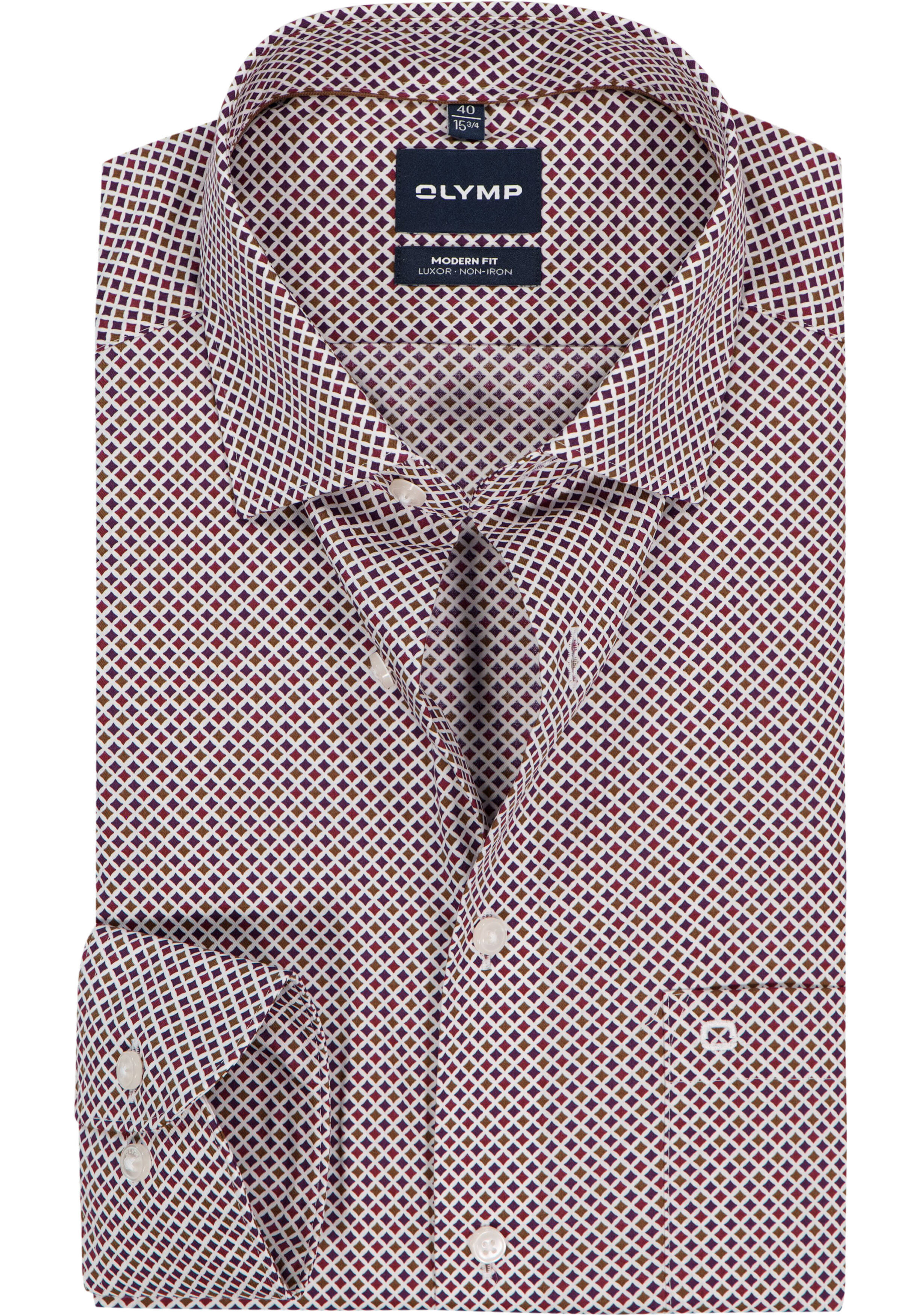 OLYMP Luxor modern fit overhemd, popeline, wit met blauw en bordeaux rood dessin