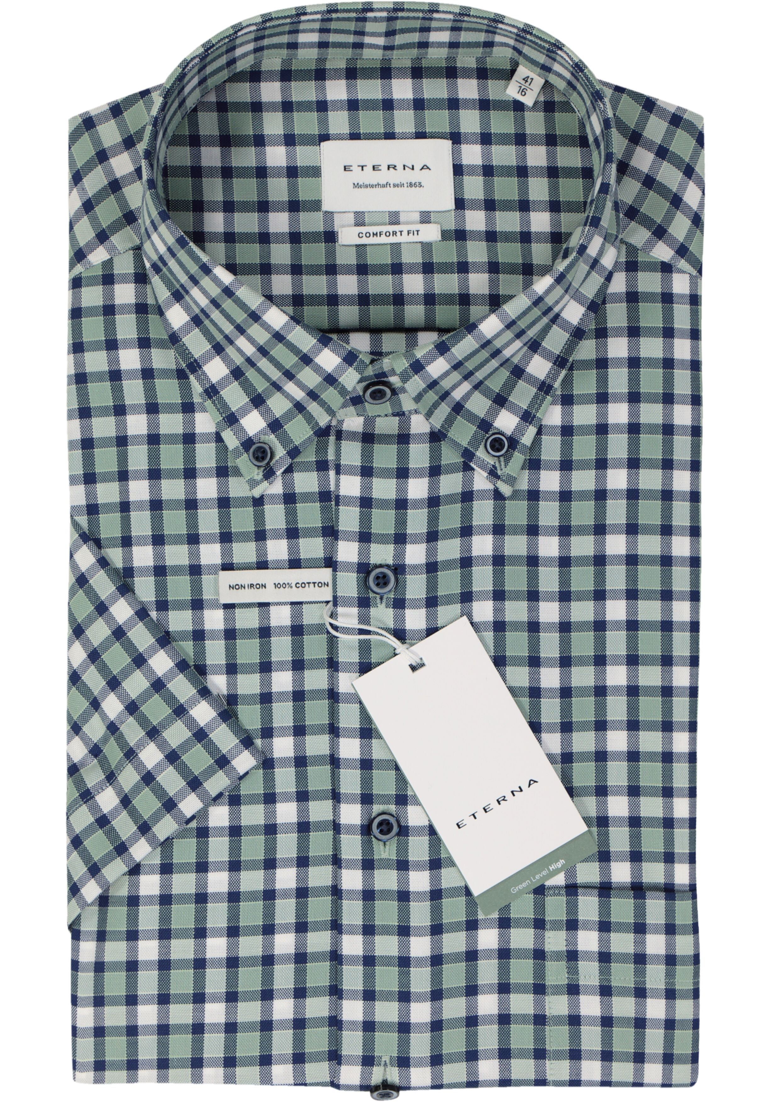 ETERNA comfort fit overhemd korte mouw, popeline, blauw, wit, groen geruit