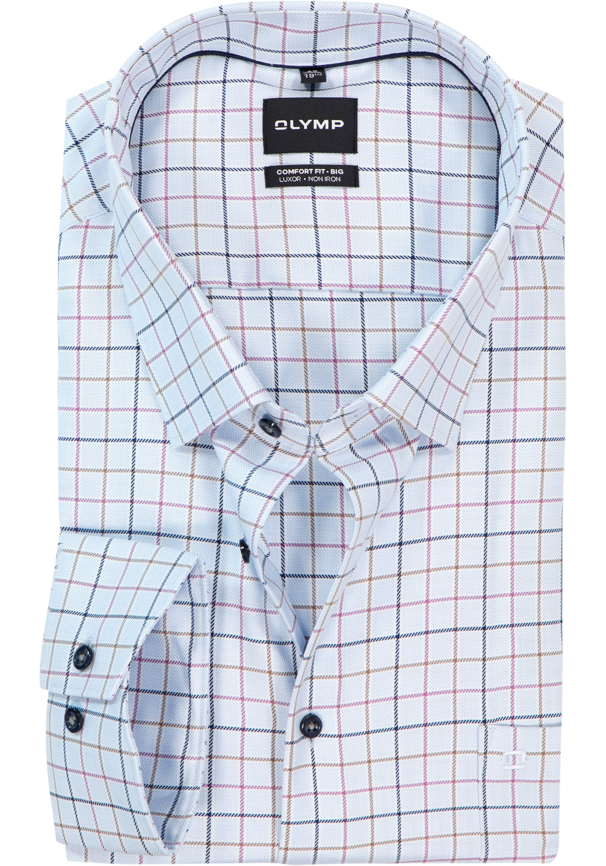 OLYMP Luxor comfort fit Big overhemd, popeline, lichtblauw met donkerblauw en bruin geruit