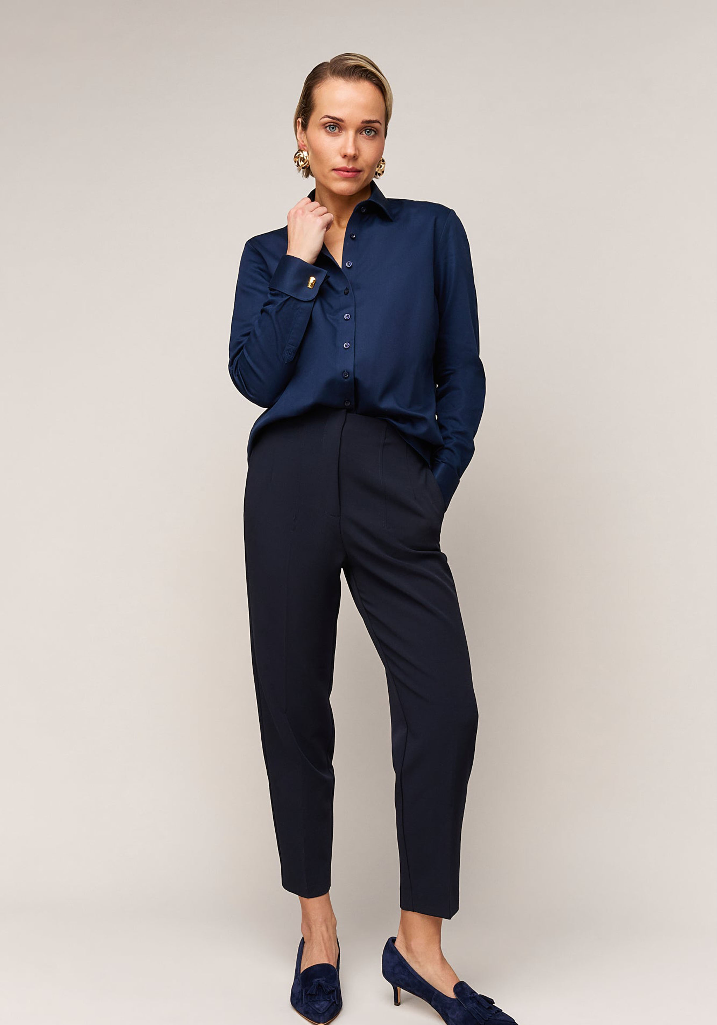 Vander Amsterdam damesblouse regular fit dubbele manchet, twill, navy