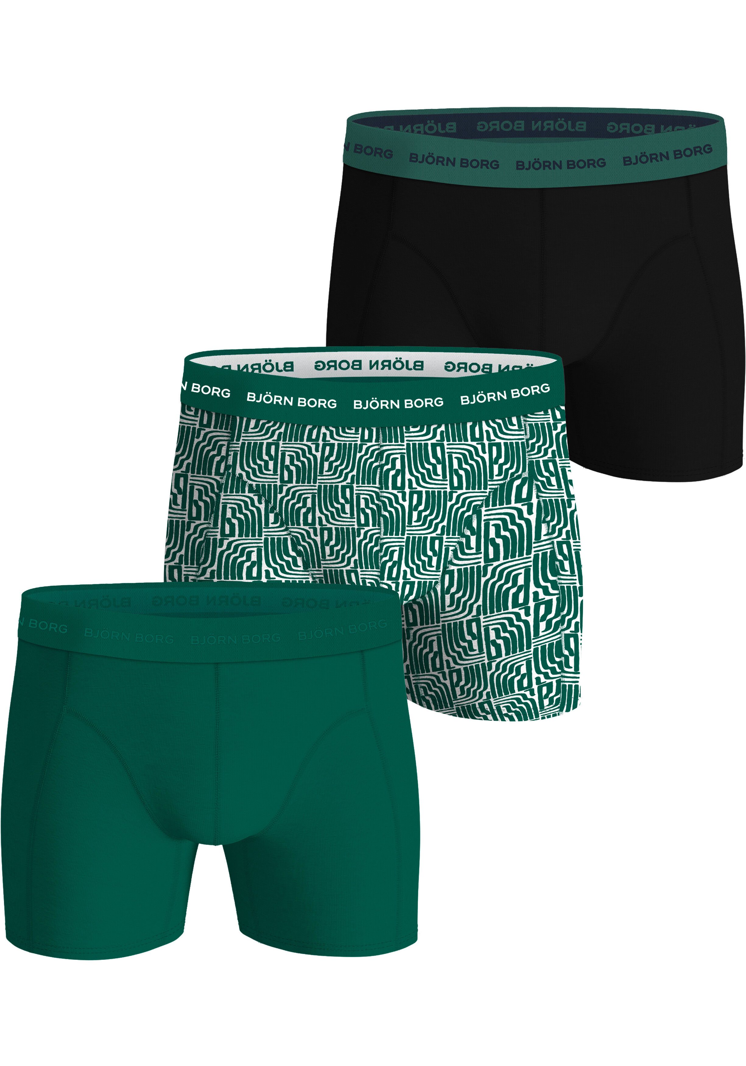Bjorn Borg Cotton Stretch boxers, heren boxers normale lengte (3-pack), zwart, print, groen