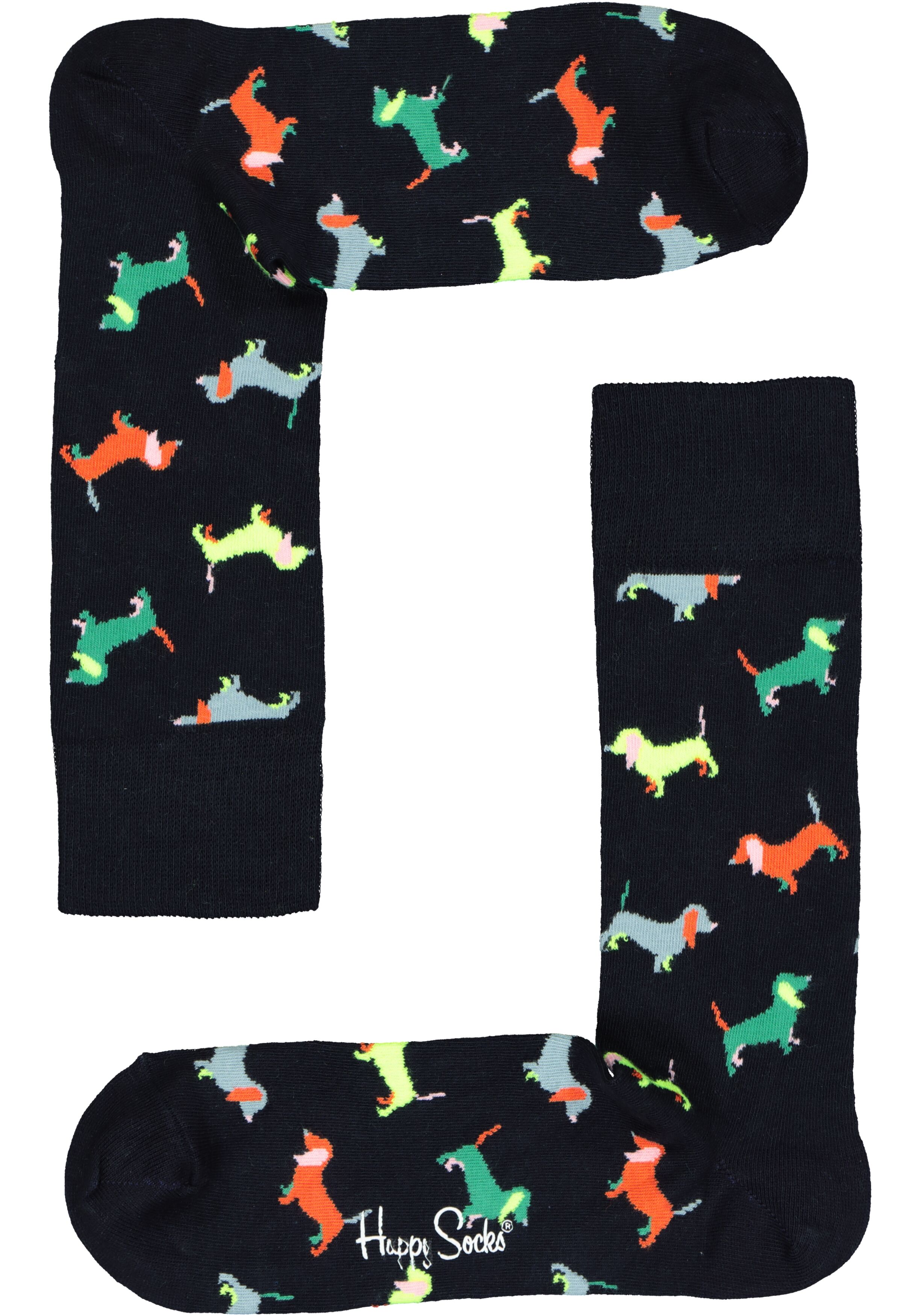 Happy Socks Puppy Love Sock, unisex sokken, zwart met gekleurde hondjes