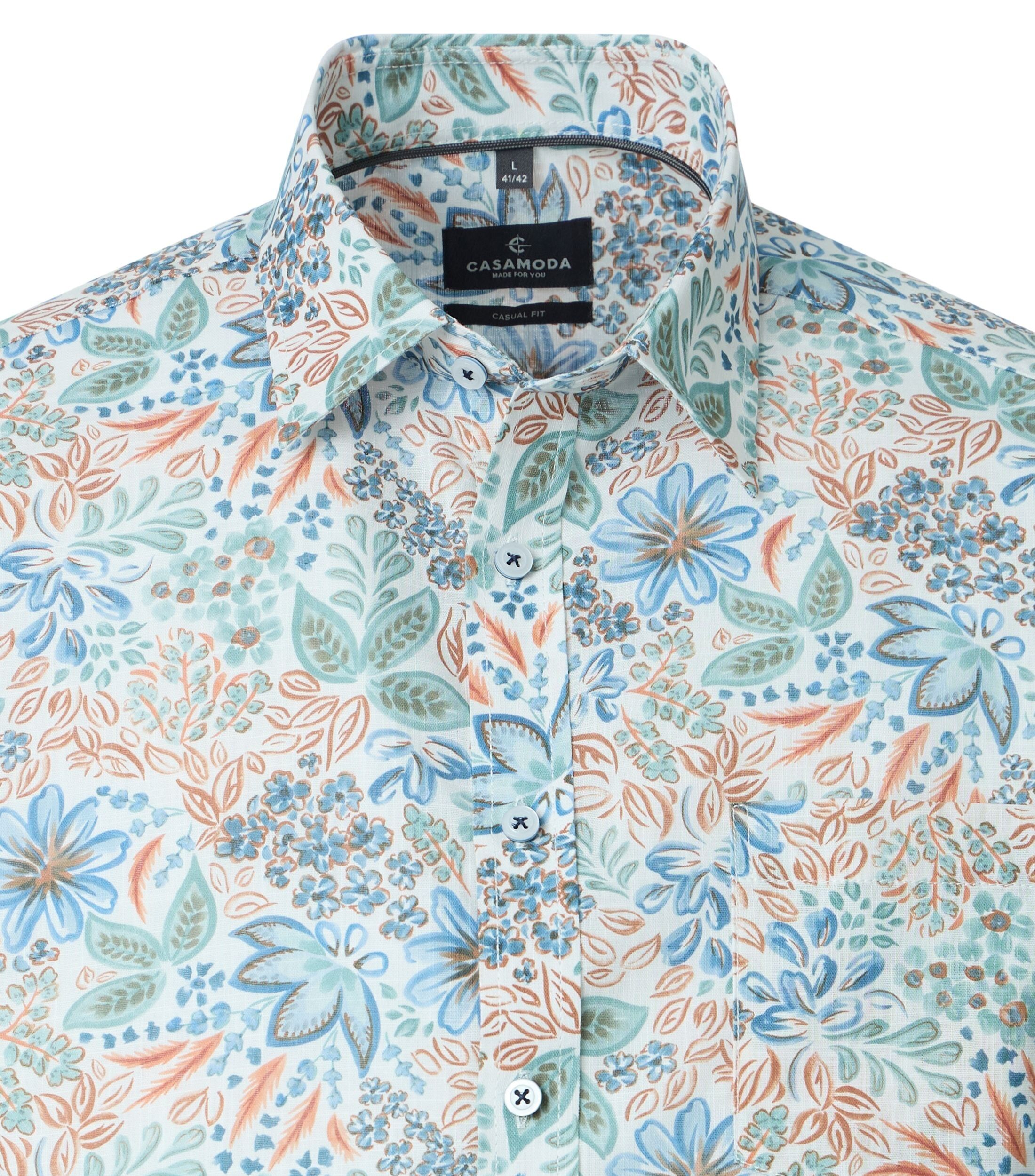 CASA MODA Sport casual fit overhemd, korte mouw, popeline, wit, blauw, groen, oranje dessin