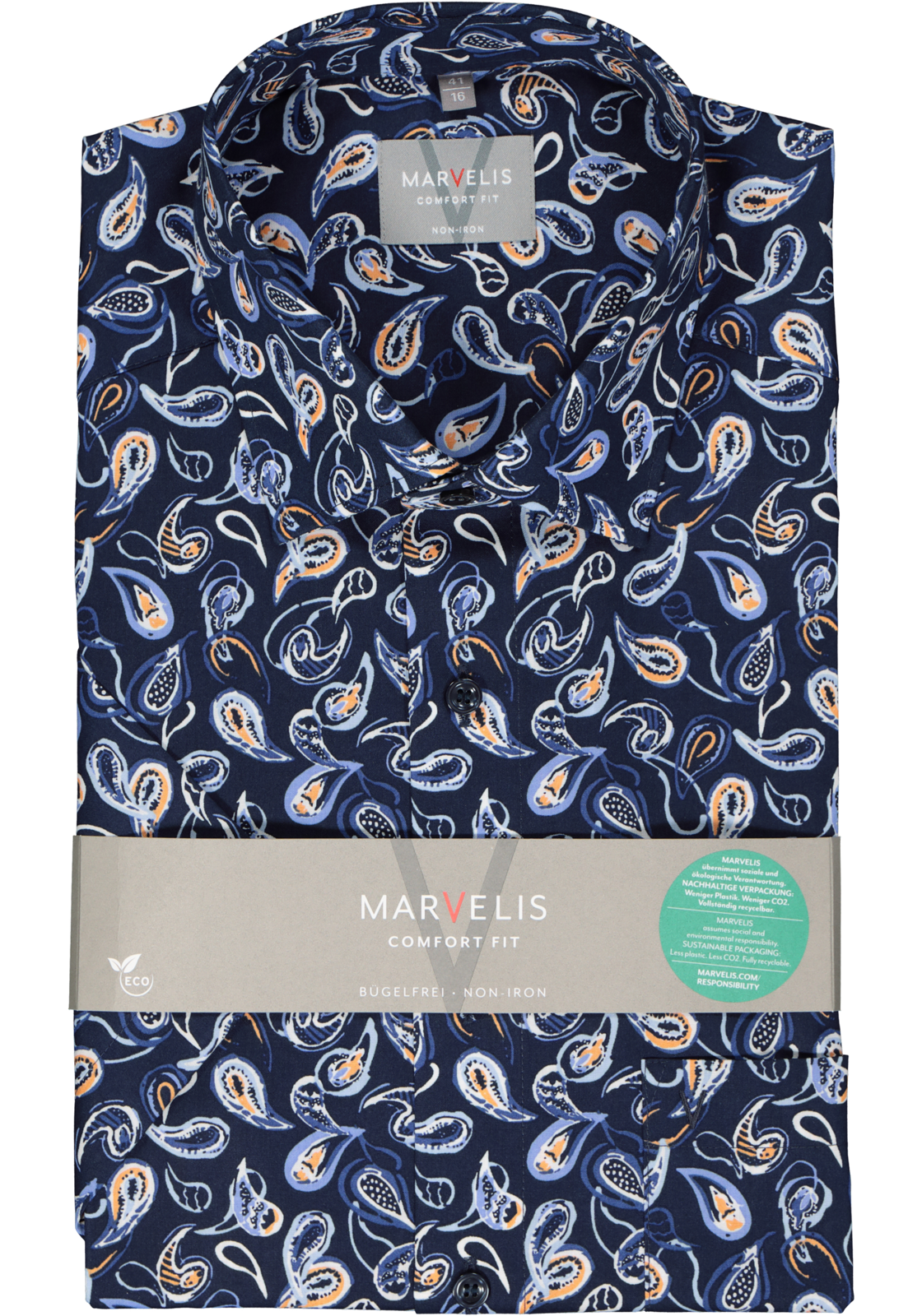 2-4062534812876_marvelis-overhemd_HR MARVELIS comfort fit overhemd, korte mouw, popeline, donkerblauw met wit, lichtblauw en oranje dessin