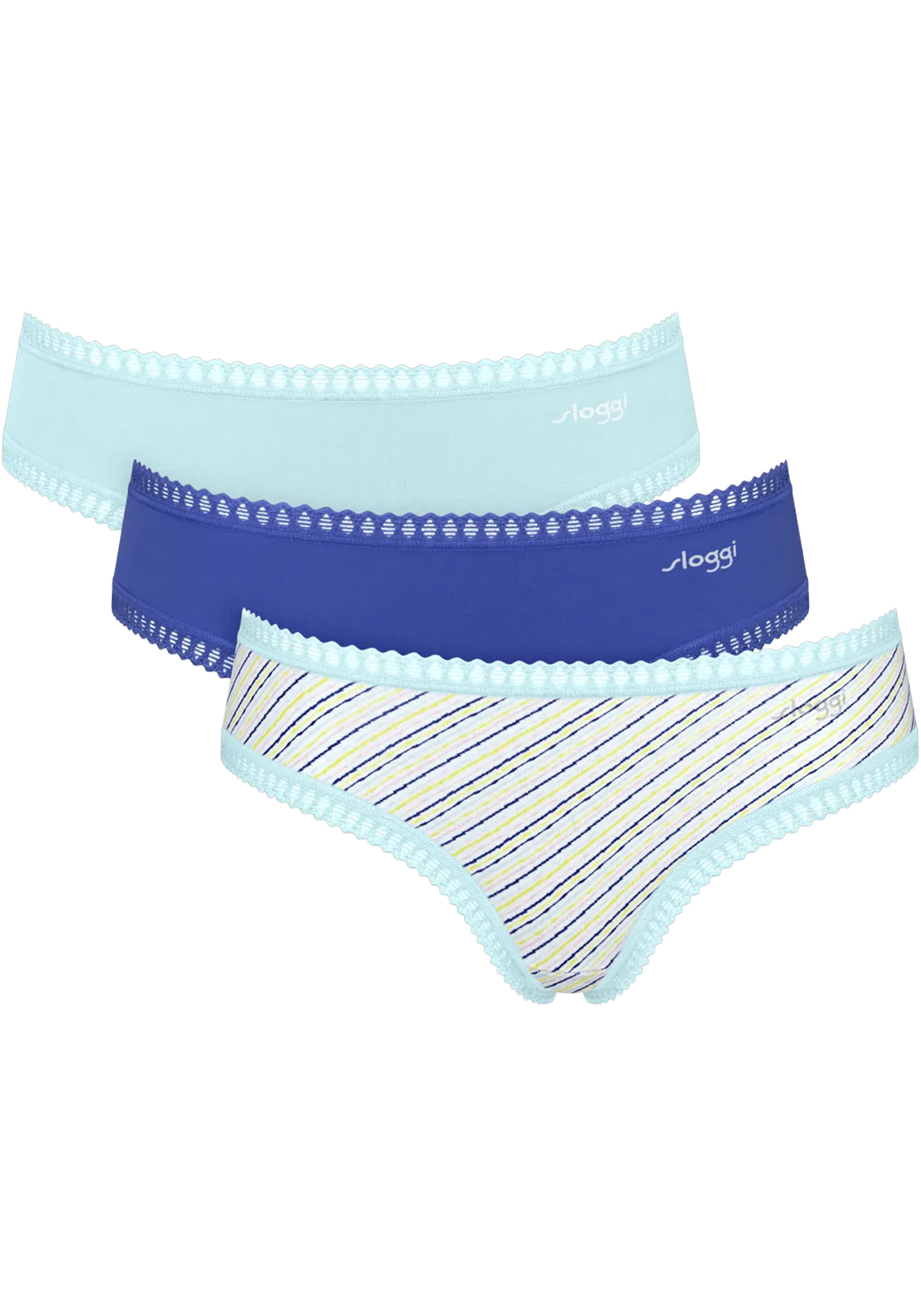 Sloggi Women GO Crush Hipster (3-pack), dames slip, lichtblauw, kobaltblauw en blauw, wit en geel gestreept