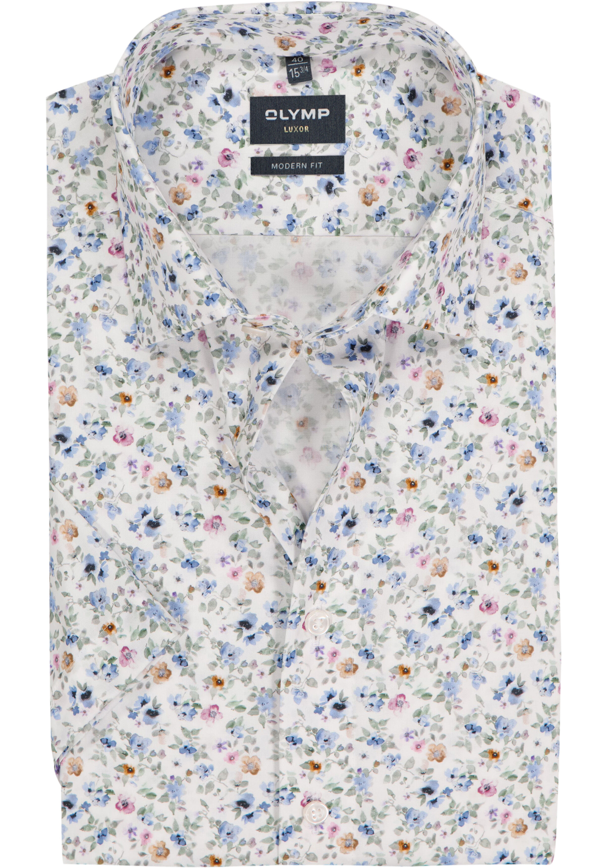 OLYMP Luxor modern fit overhemd, korte mouw, dobby, wit met blauw en roze bloemetjes dessin