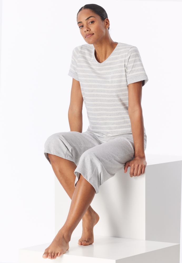 SCHIESSER dames Cotton Essentials Pyjama lang, dames pyjama set, zilvergrijs melange gestreept