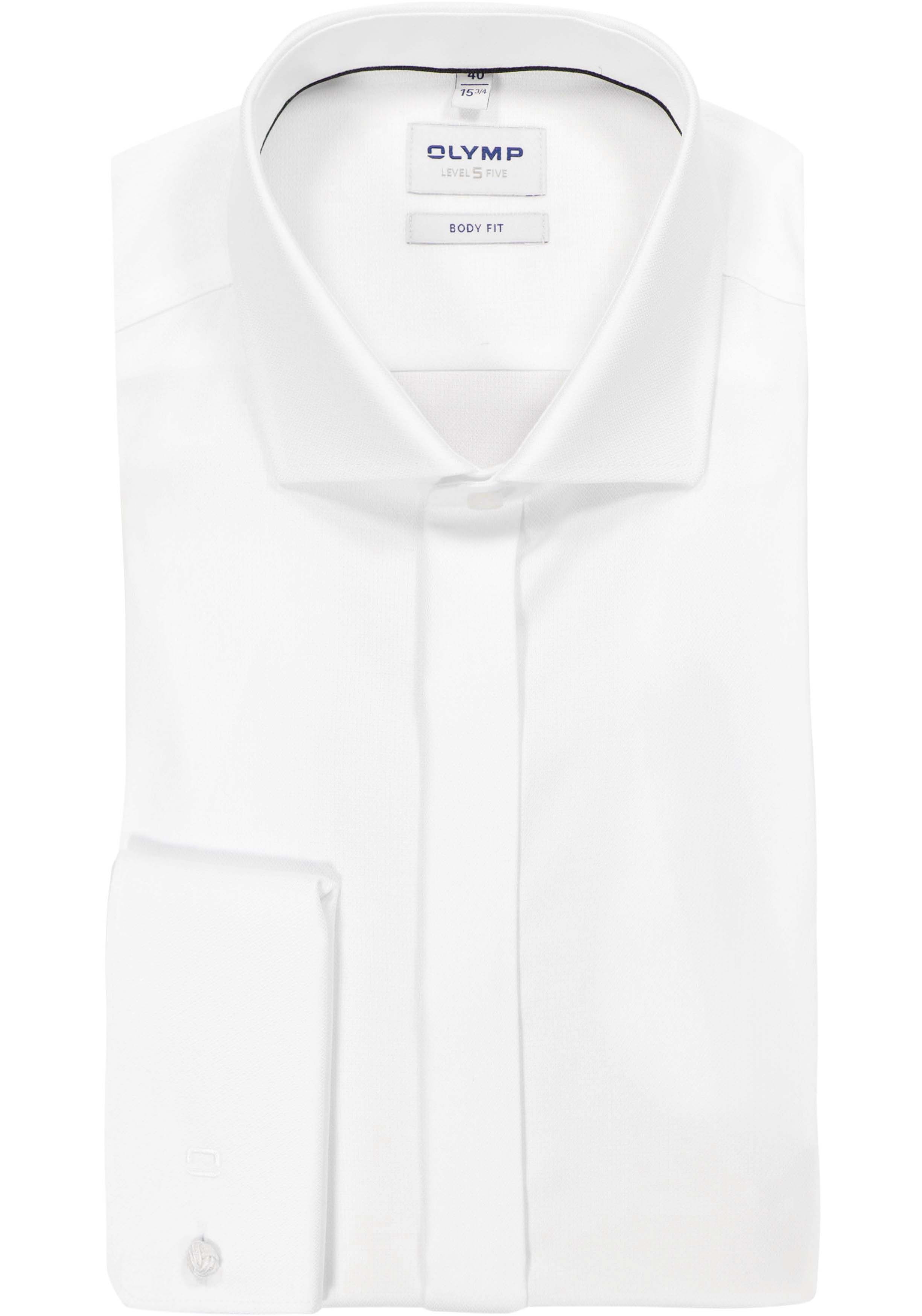 OLYMP Level 5 body fit overhemd, smoking overhemd, wit structuur met Kent kraag