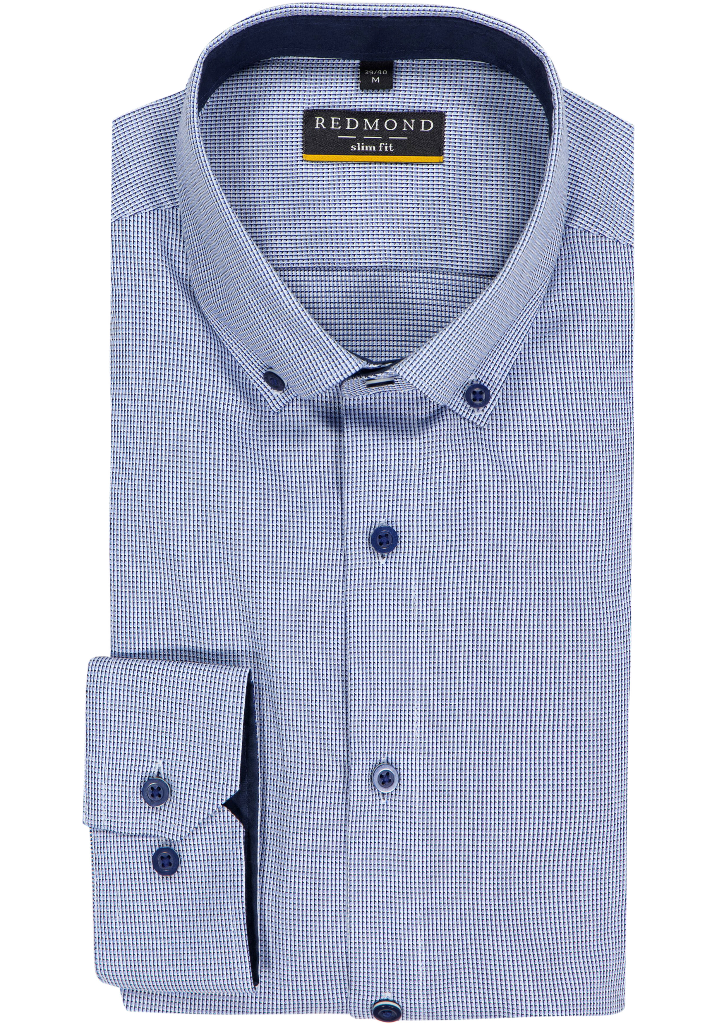 Redmond slim fit overhemd, popeline, blauw met wit mini dessin