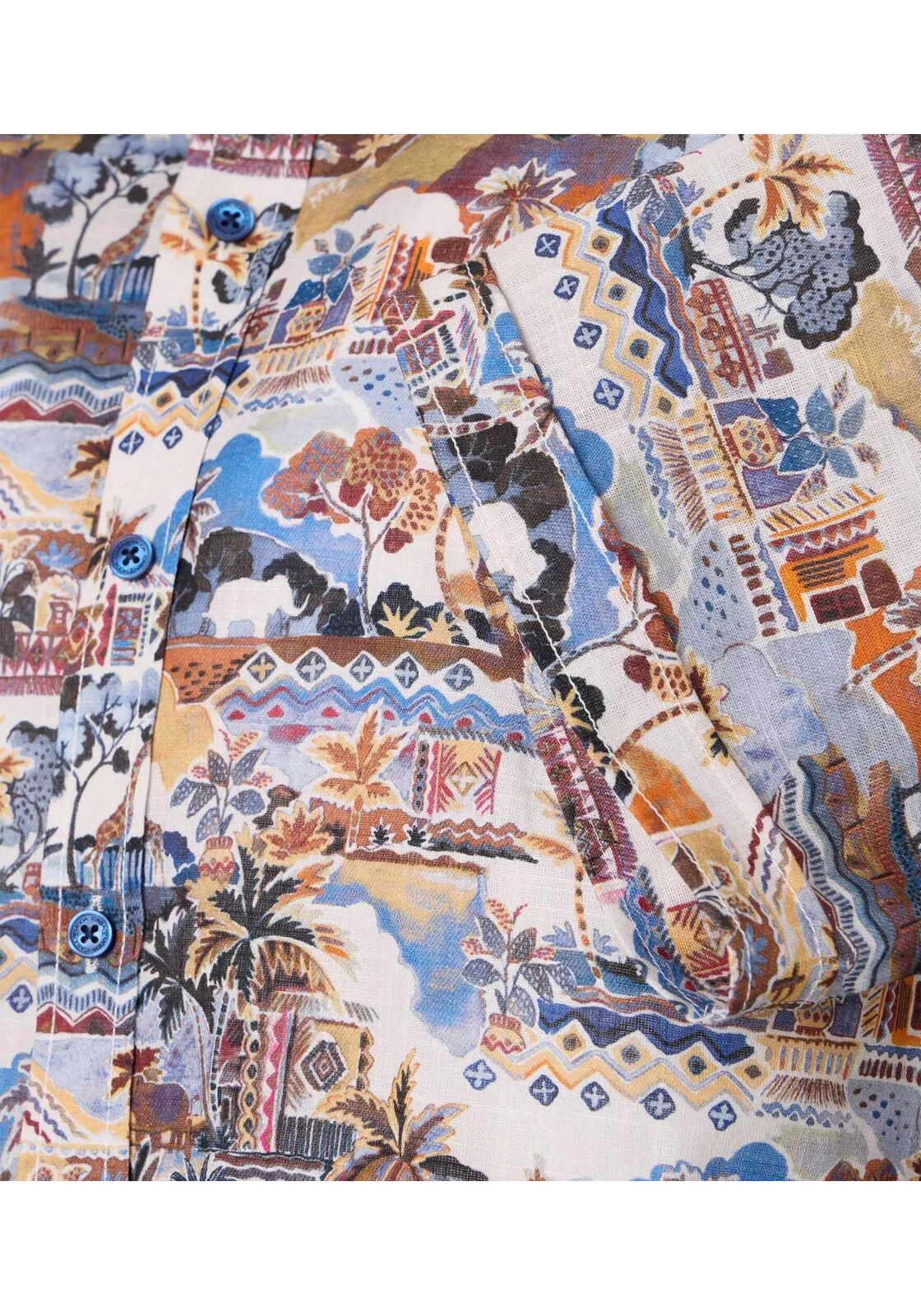 CASA MODA Sport casual fit overhemd, korte mouw, chambray, wit met blauw, beige en oranje dessin