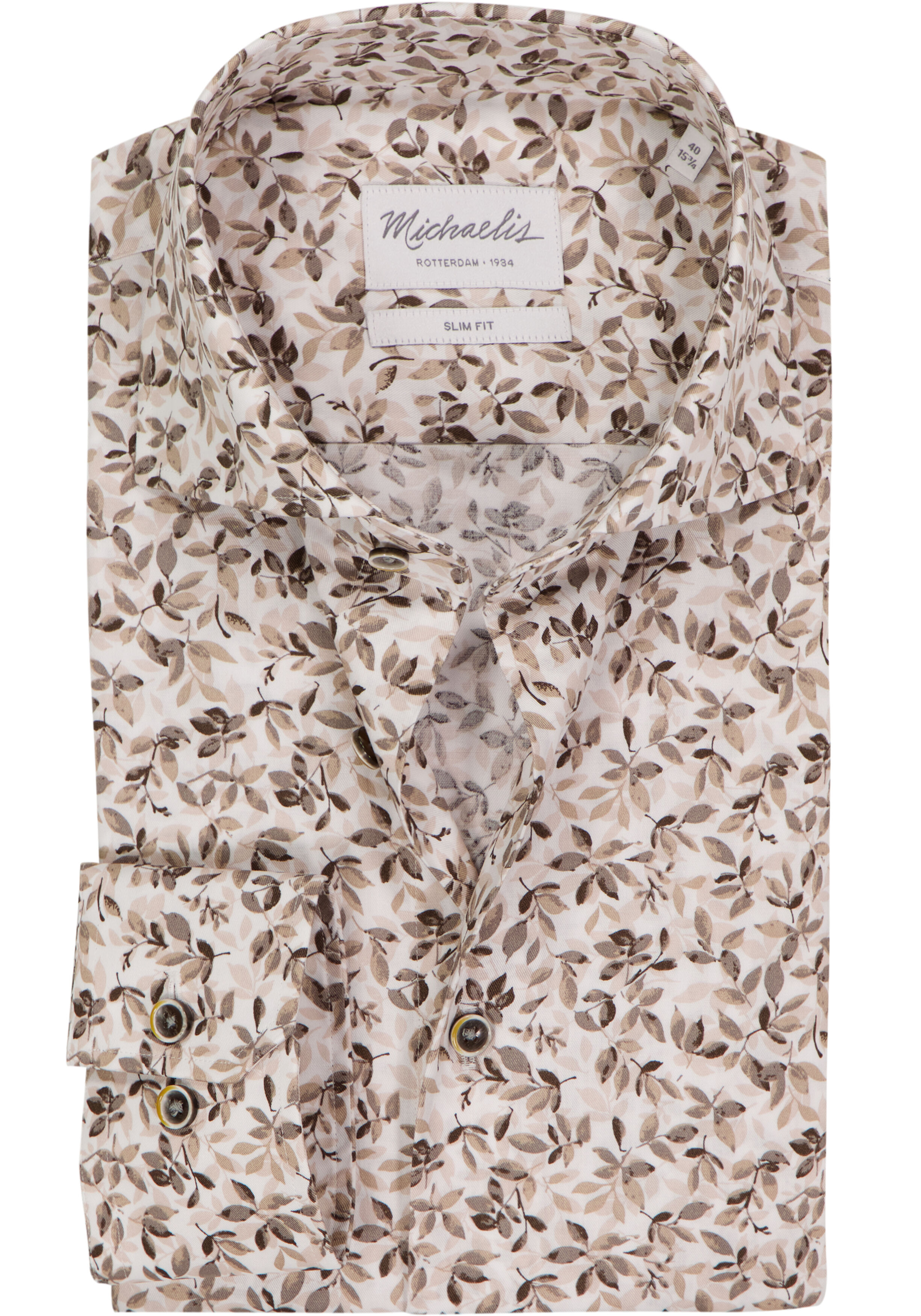 Michaelis slim fit heren overhemd, popeline, bruin en beige met wit bladeren dessin