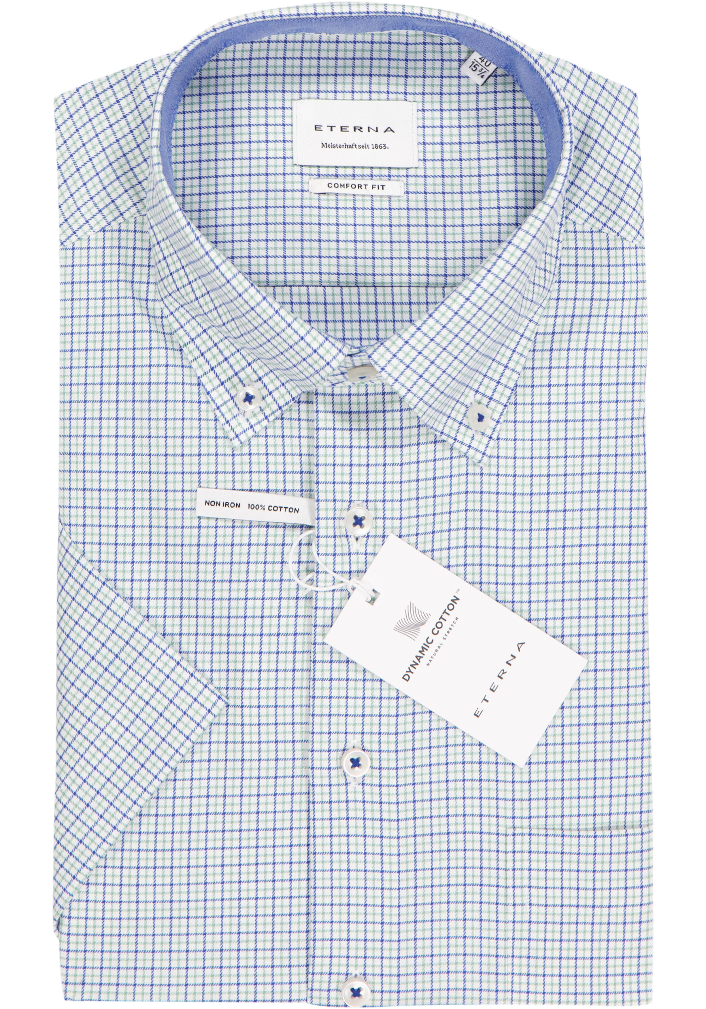 ETERNA comfort fit overhemd korte mouw, twill, wit met groen en blauw geruit