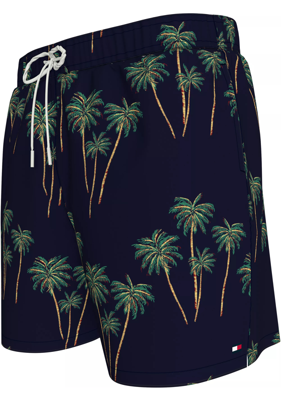 Tommy Hilfiger Medium Drawstring swimshort, heren zwembroek, donkerblauw met palmbomen print Tommy Hilfiger Medium Drawstring swimshort, heren zwembroek, donkerblauw met palmbomen print