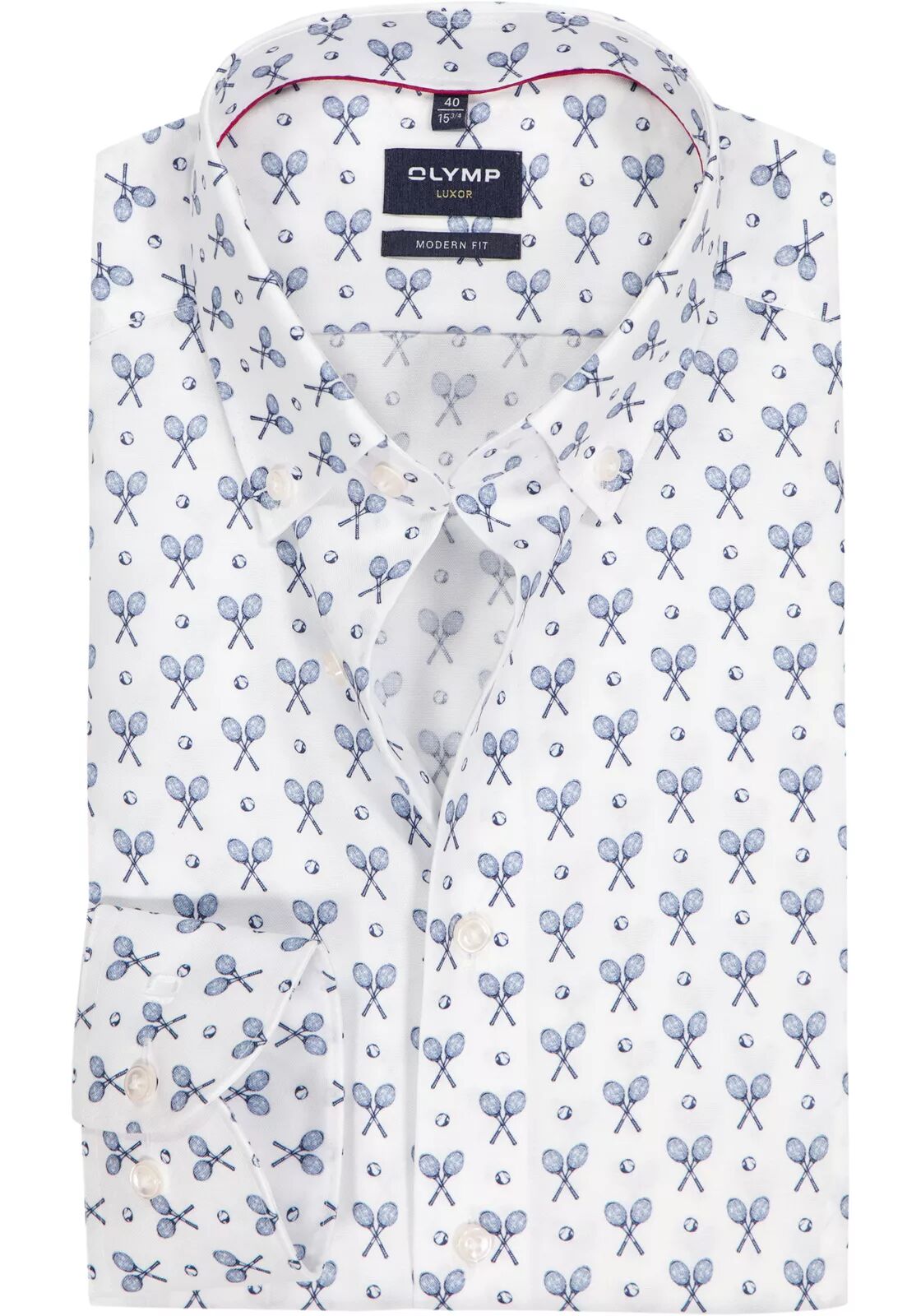 Shop de look: OLYMP zomer 2026 heren set in blauw met wit met tennis print