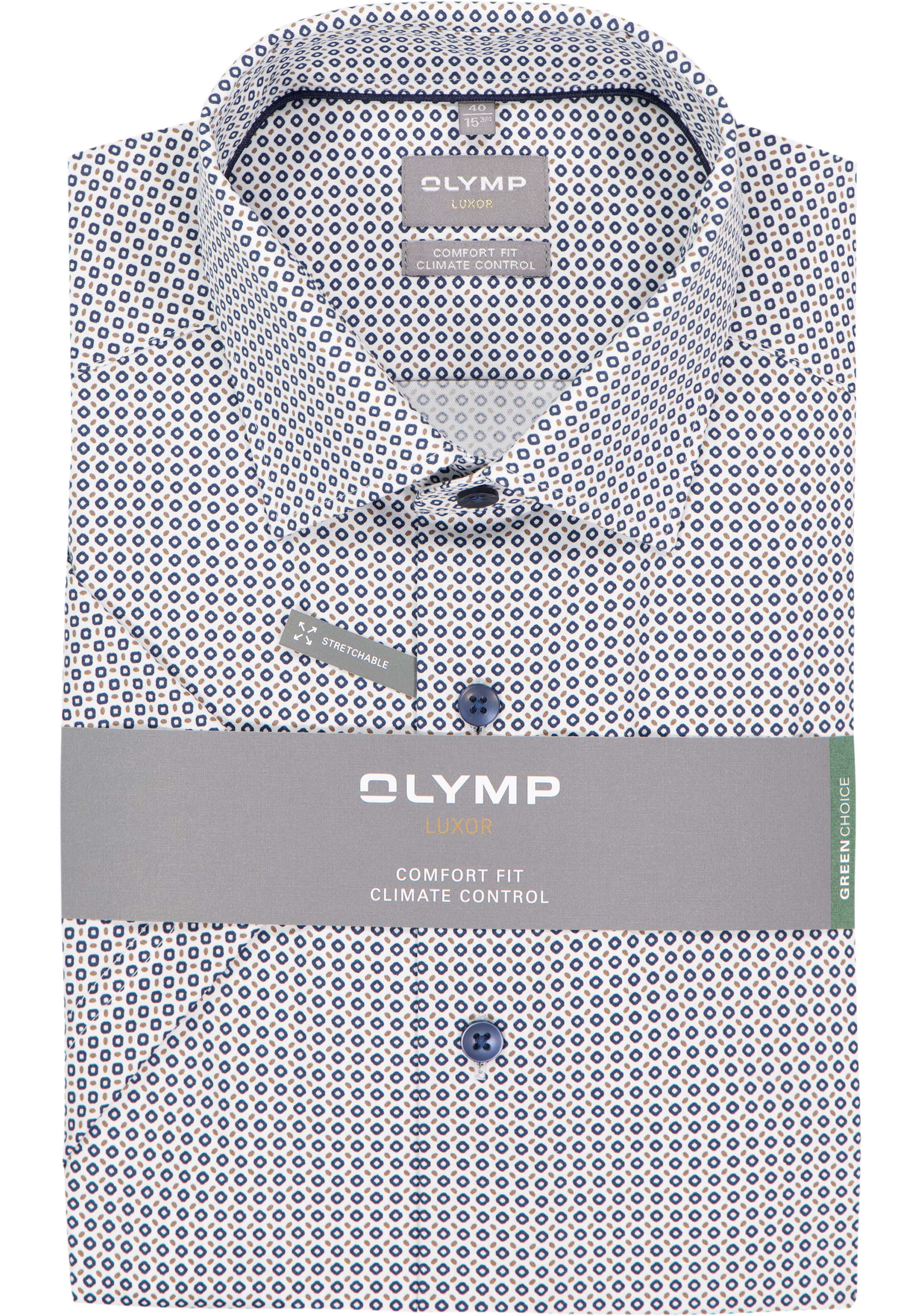 OLYMP 24/7 Luxor comfort fit overhemd, korte mouw, dobby, wit met blauw en bruin dessin