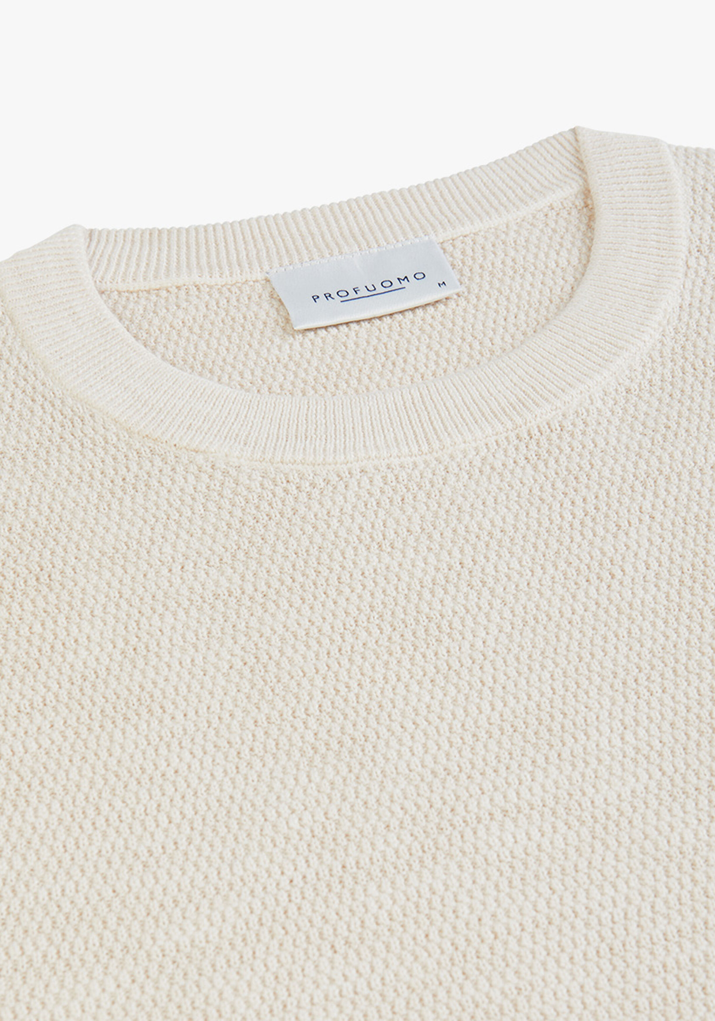 Profuomo heren trui katoen, slim fit trui met O-hals, off white