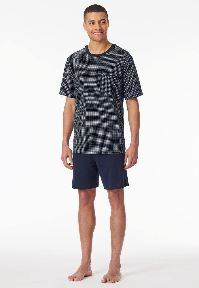 SCHIESSER Cotton Essentials Pyjama kort, heren shortama set, nachtblauw dessin