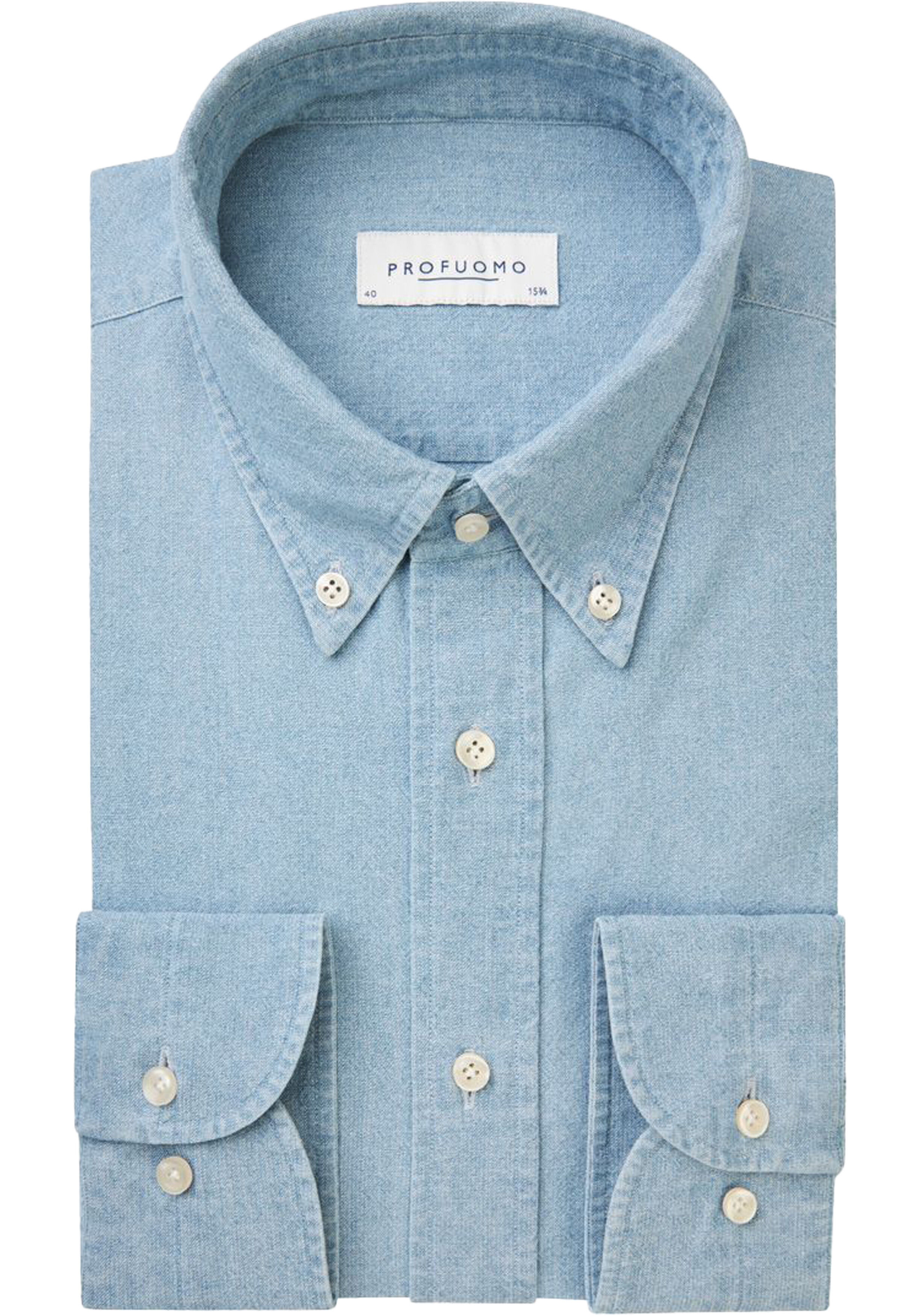 Profuomo slim fit heren overhemd, twill, jeansblauw