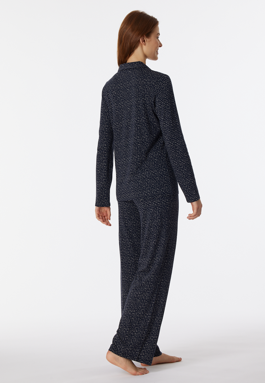 SCHIESSER Contemporary Nightwear pyjamaset, dames pyjama lang biologisch katoen knoopsluiting reverskraag grafische print nachtblauw