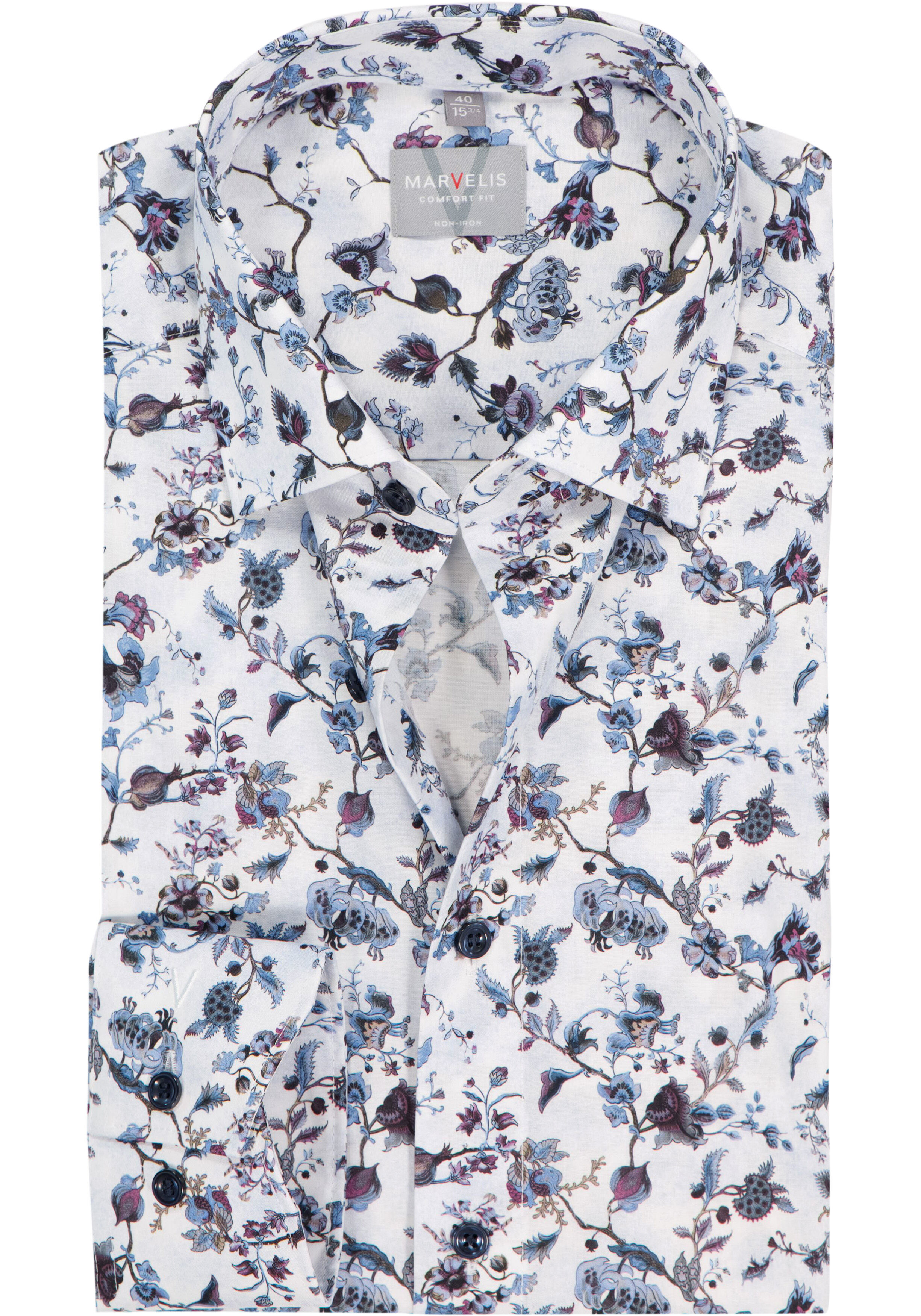 MARVELIS comfort fit overhemd, popeline, wit met blauw, bordeaux en groen bloemen dessin