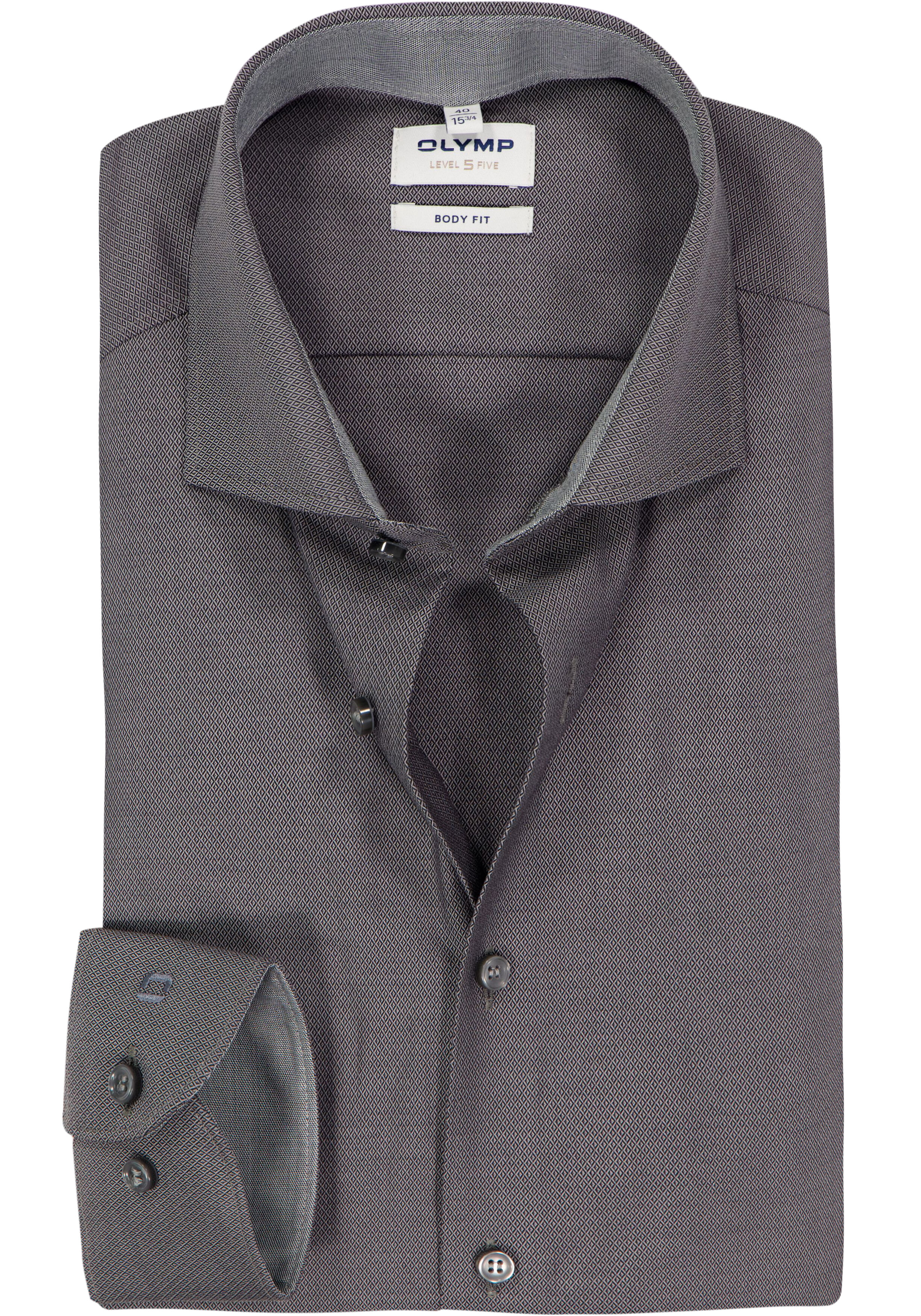 OLYMP Level 5 body fit overhemd, antraciet grijs structuur (contrast) 